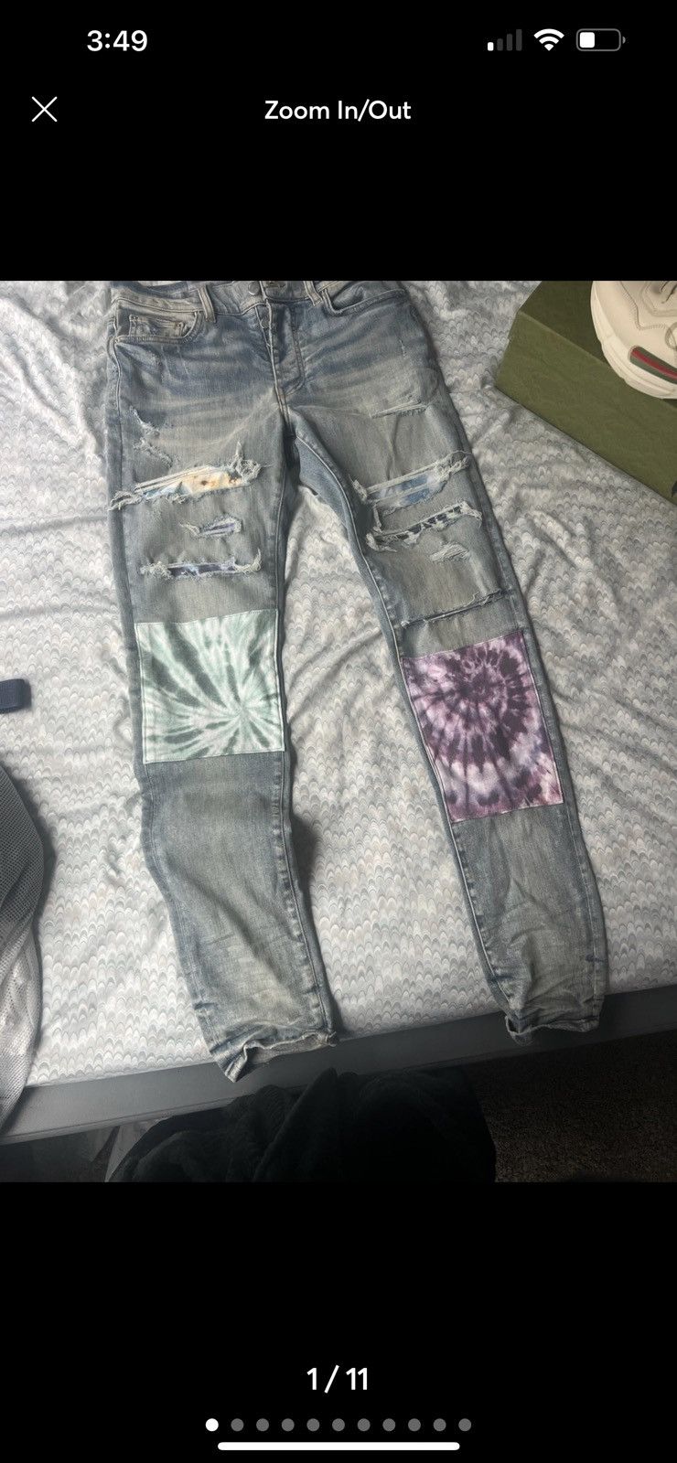 image of Amiri Blue Tie-Dye Art Patch Jeans in White, Men's (Size 32)