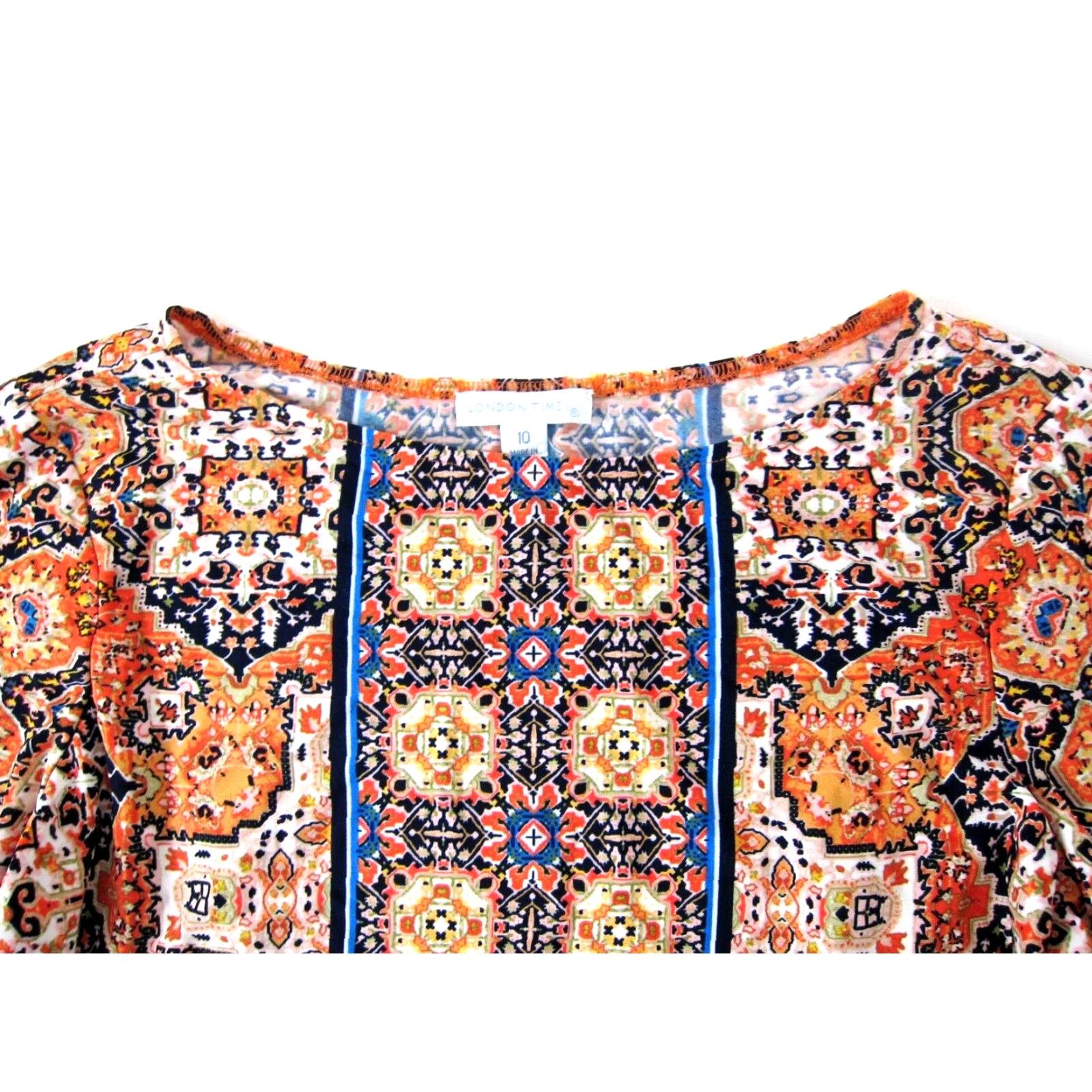 Vintage VINTAGE London Times Orange Blue Black Geo Floral Stretch 3/4 Sleeve Shift Dress 10 Size L / US 10 / IT 46 - 5 Thumbnail
