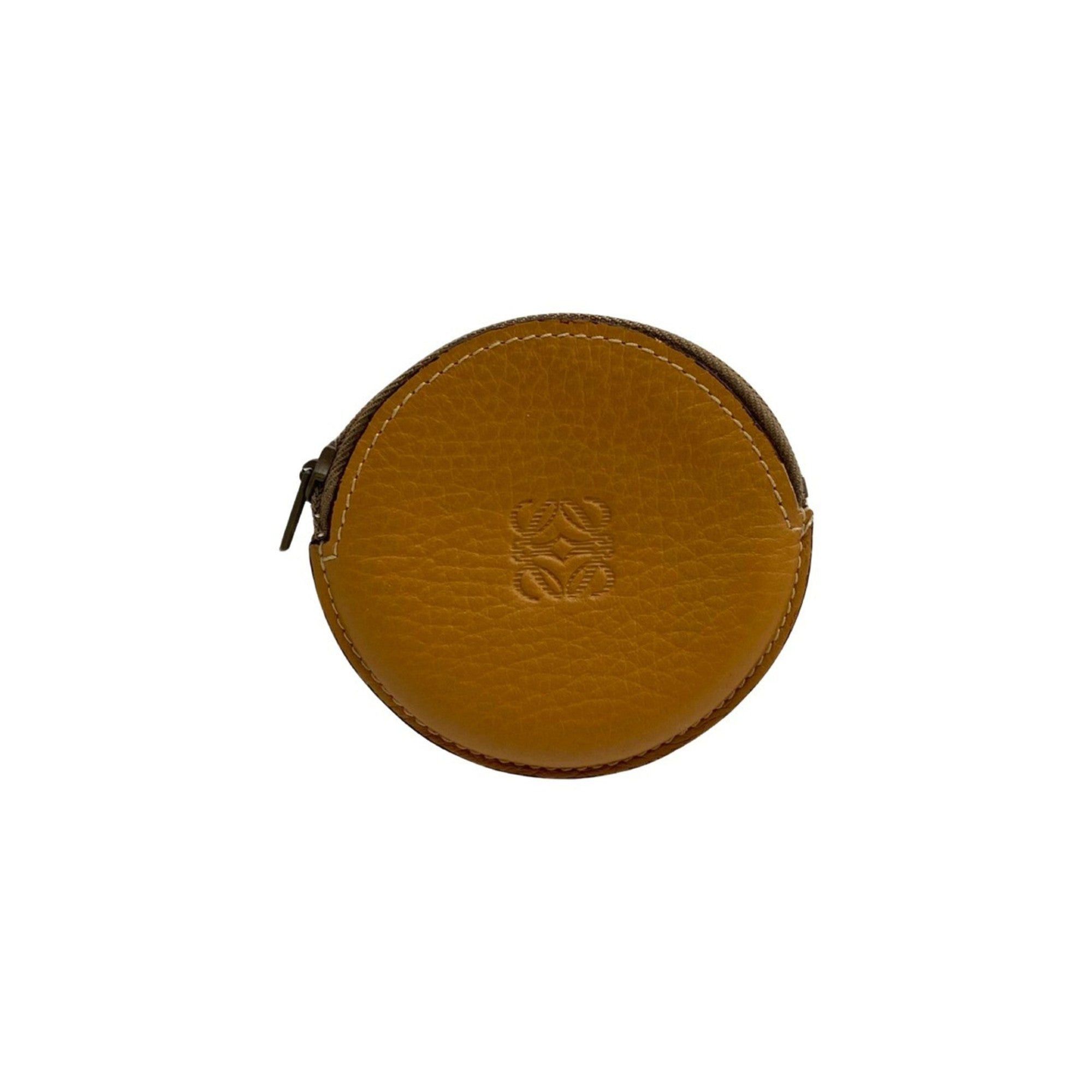 image of Loewe Anagram Logo Embossed Leather Genuine Round Coin Case Purse Mini Wallet Camel in White, Women
