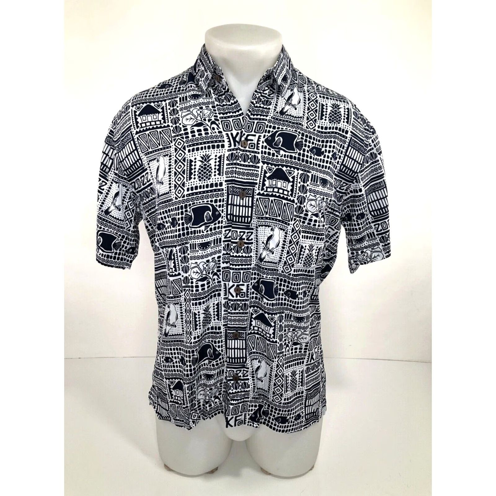 ALOHAS Kenny Flowers / Limited Edition - Parrots / Fish Hawaiian Aloha Sm. Shirt / Men / S / Blue / White / Short Sleeve / Button-Up Size US S / EU 44-46 / 1 - 2 Thumbnail