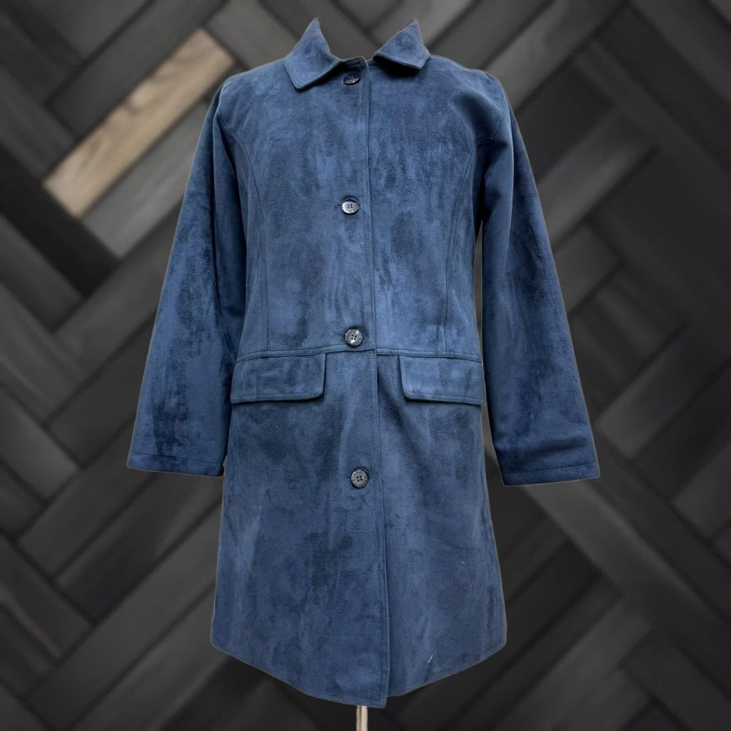 Vintage Women's Blue Leather Overcoat Shirt Jacket? (Size M) Italian Leather Long Coat with Pockets, Premium Soft Shearling Lining, Fall/Winter, Regular Fit Size M / US 6-8 / IT 42-44 - 1 Thumbnail