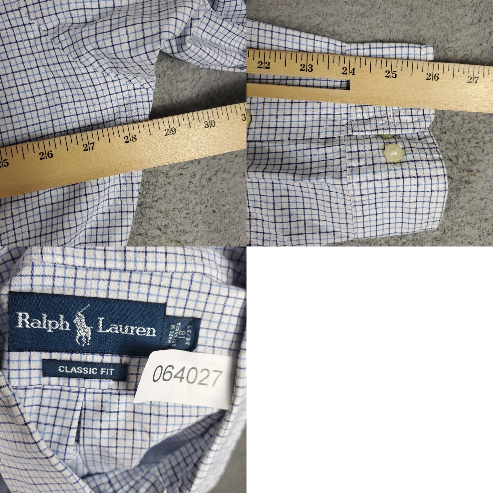 Ralph Lauren VINTAGE Ralph Lauren Shirt Dress Shirt Mens Size 18 Blue Check Pony Button-Down Long Sleeve Regular Non-Iron Pockets 90s/Classic Mens Size 48R - 8 Thumbnail