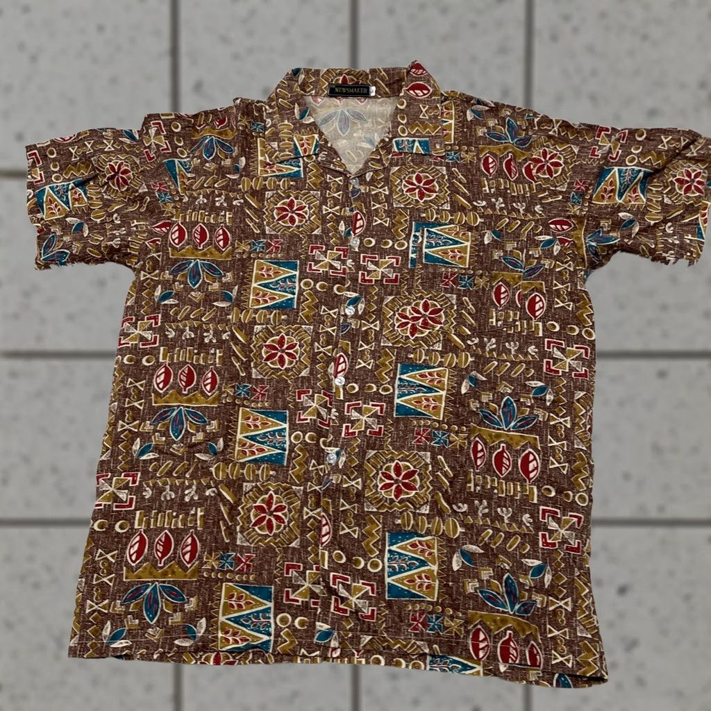 Vintage NEWSMAKER Shirt Mens L vtg 1990s Geometric Hawaiian Aztec Southwestern Brown Blue Cotton Button-Up Short Sleeve Size US L / EU 52-54 / 3 - 1 Thumbnail