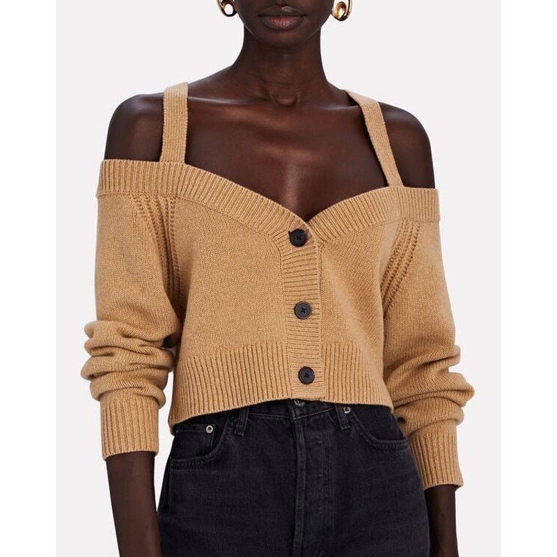 INTERMIX Intermix Beige Rumi Cold Shoulder V-Neck Button Cardigan P Size S / US 4 / IT 40 - 4 Thumbnail