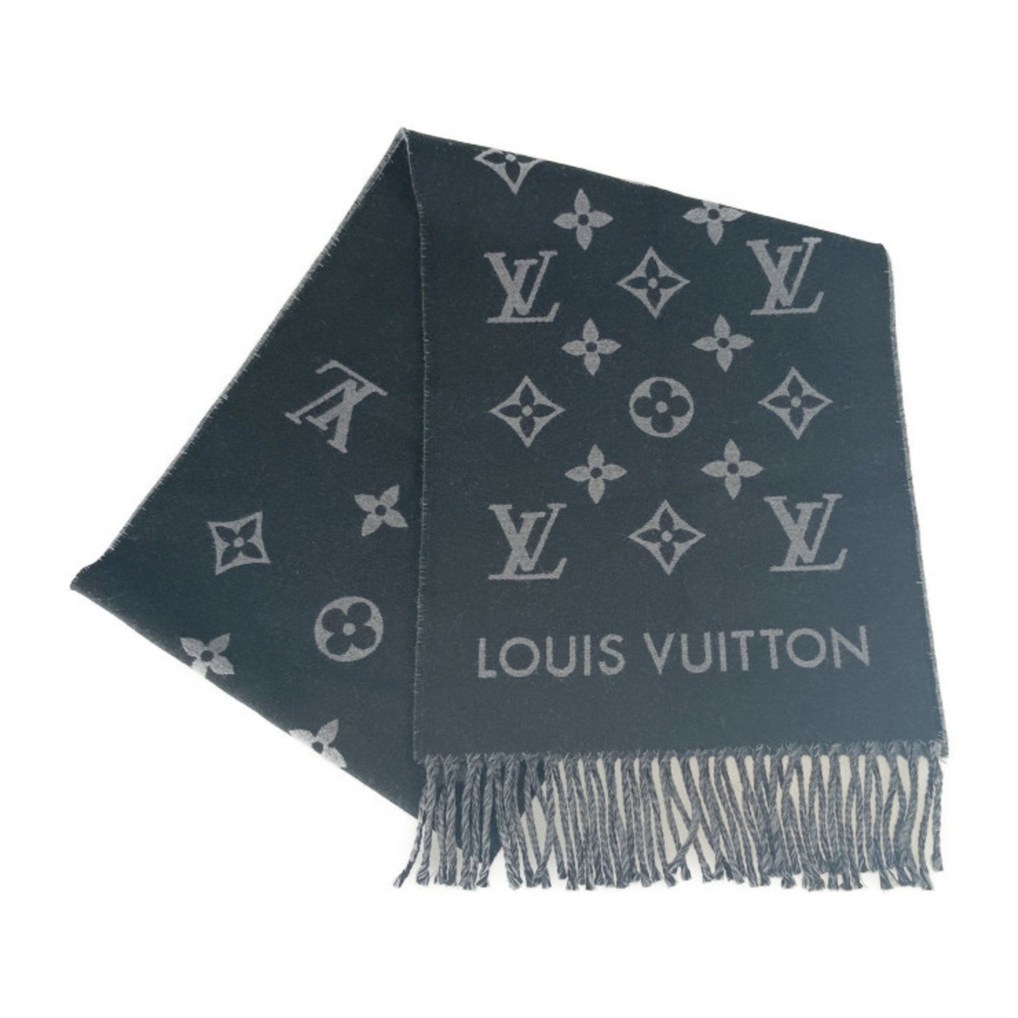 Louis Vuitton Louis Vuitton Scarf All About Monogram M79225 Black Gray 100% Wool Men's Size ONE SIZE - 1 Thumbnail