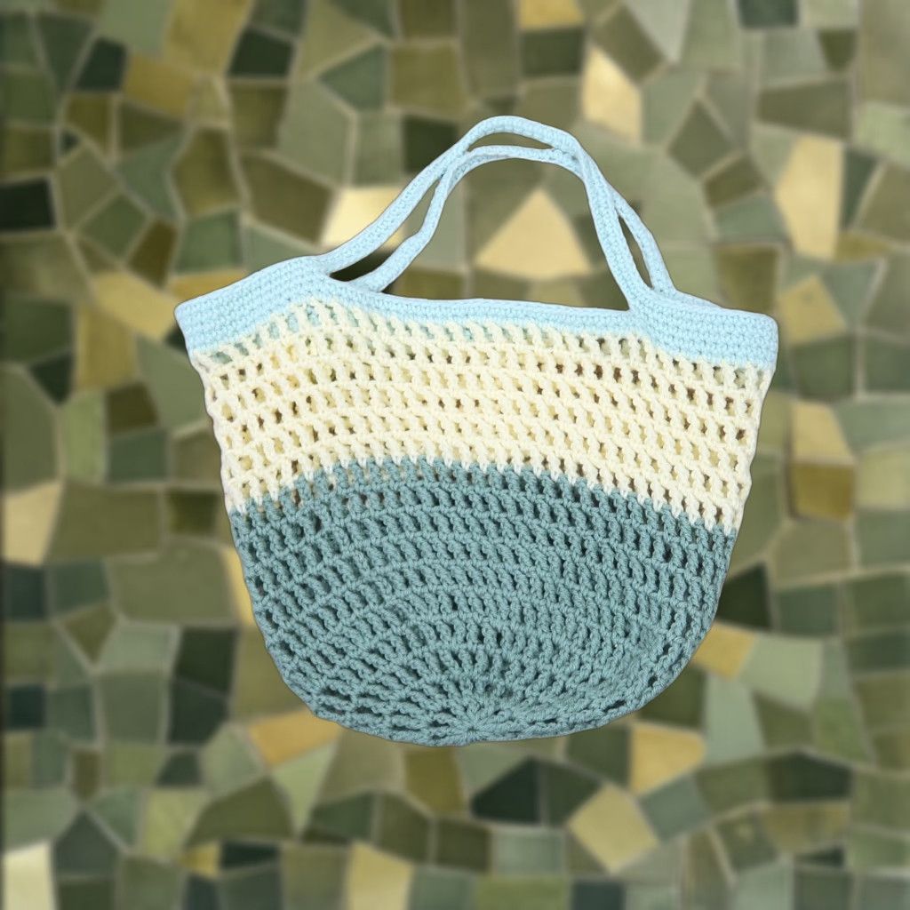 Vintage VINTAGE Tote Purse Green Yellow Open Knit Crochet Handbag Rosette Detail Women 15” Across 10” Height Casual Size ONE SIZE - 1 Thumbnail
