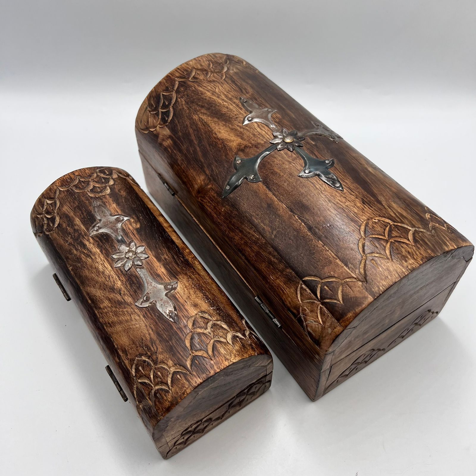Vintage Vintage Carved Wooden Jewelry Boxes Set Handmade Hardwood Size ONE SIZE - 6 Thumbnail