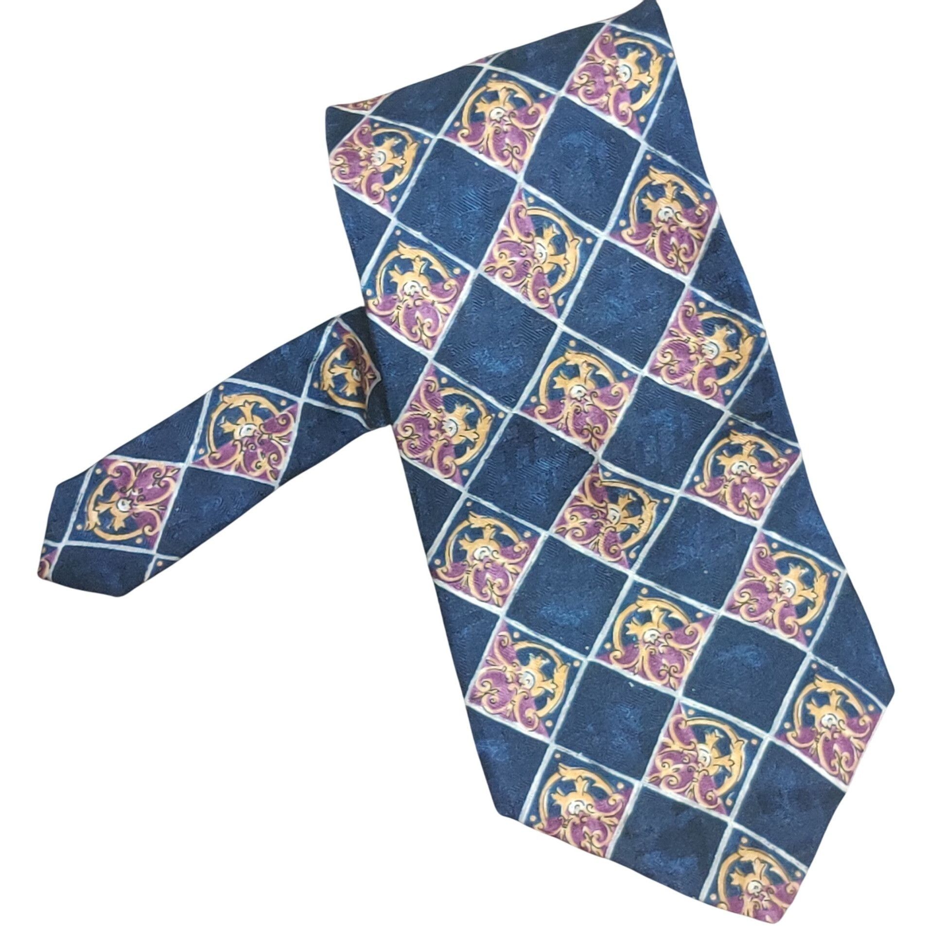 Vintage Barrington 100% Silk Tie Blue Purple Gold Diamond Scroll Vin Size ONE SIZE - 1 Thumbnail
