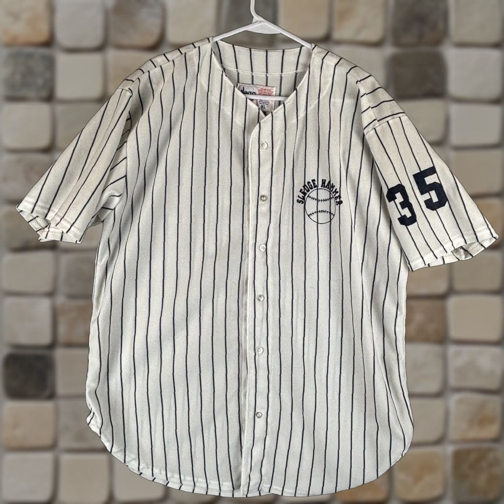 Vintage VINTAGE Dean Lee Jersey Baseball Mens XL White Navy Pinstripe 80s Local League USA Button-Down Short Sleeve Jersey Mens 80s Baseball{%Raw%} Size US XL / EU 56 / 4 - 1 Thumbnail