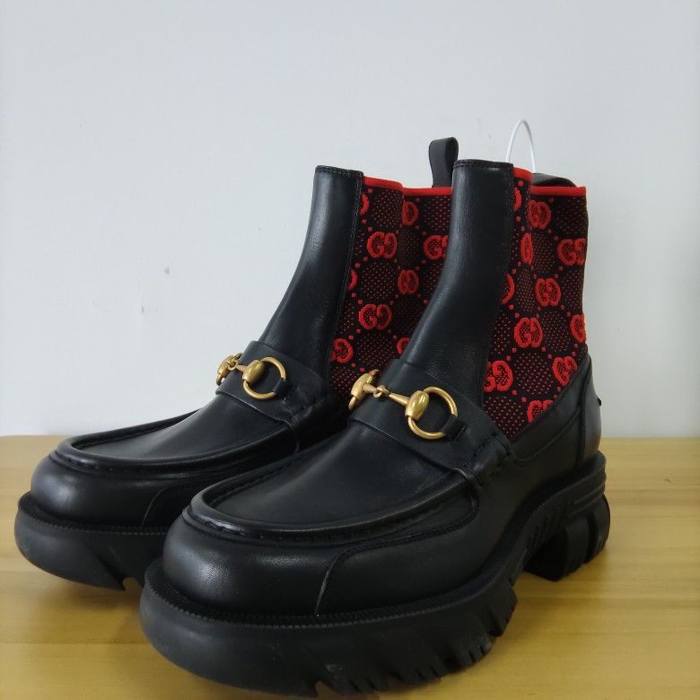Gucci Gucci Leather GG Knit Ankle Boots in Red and Black 0079 Size US 8.5 / EU 41-42 - 1 Thumbnail