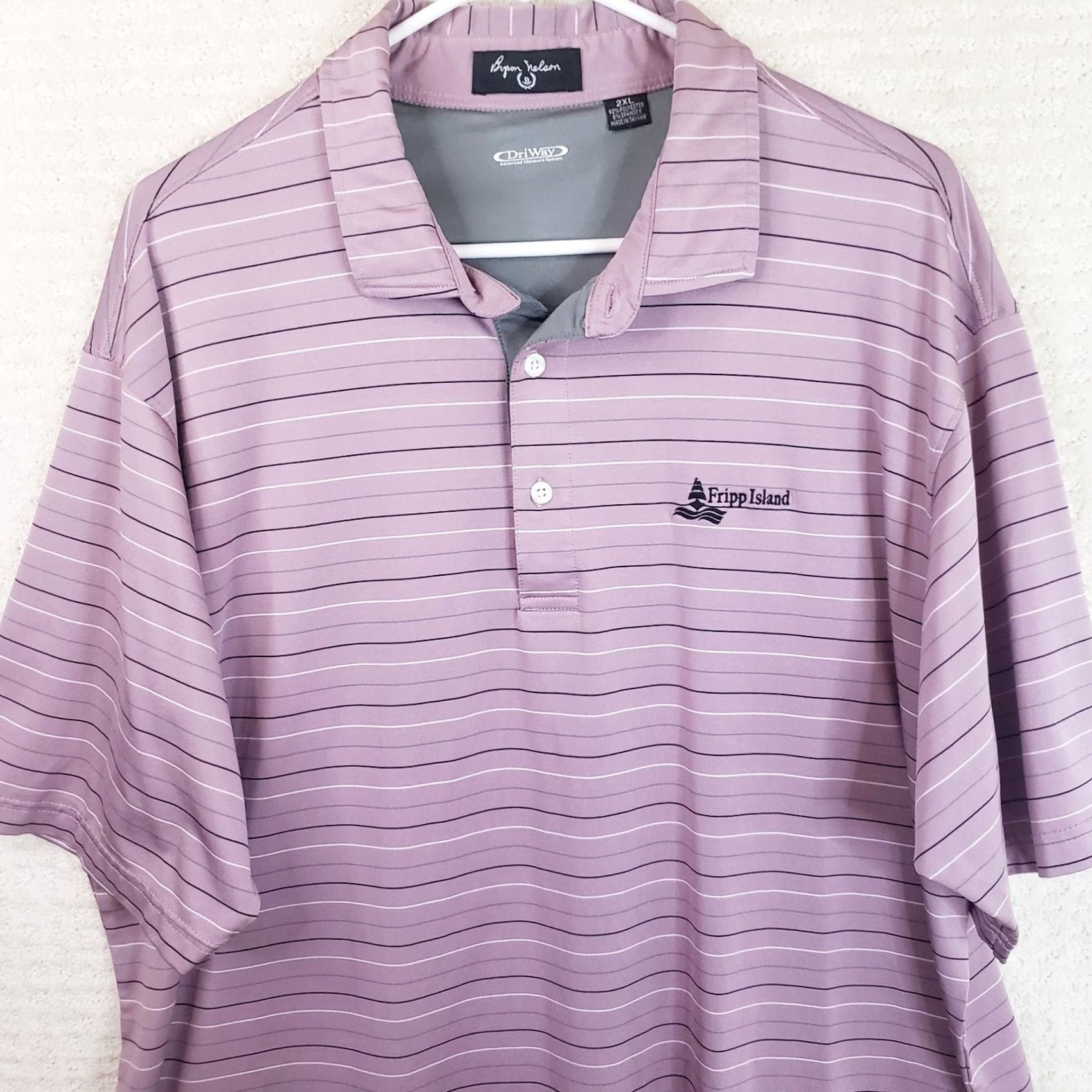 Vintage Byron Nelson Dri Way Men's Polo 2XL Lavender Striped Fripp Island Logo Golf Shirt Size US XXL / EU 58 / 5 - 2 Thumbnail