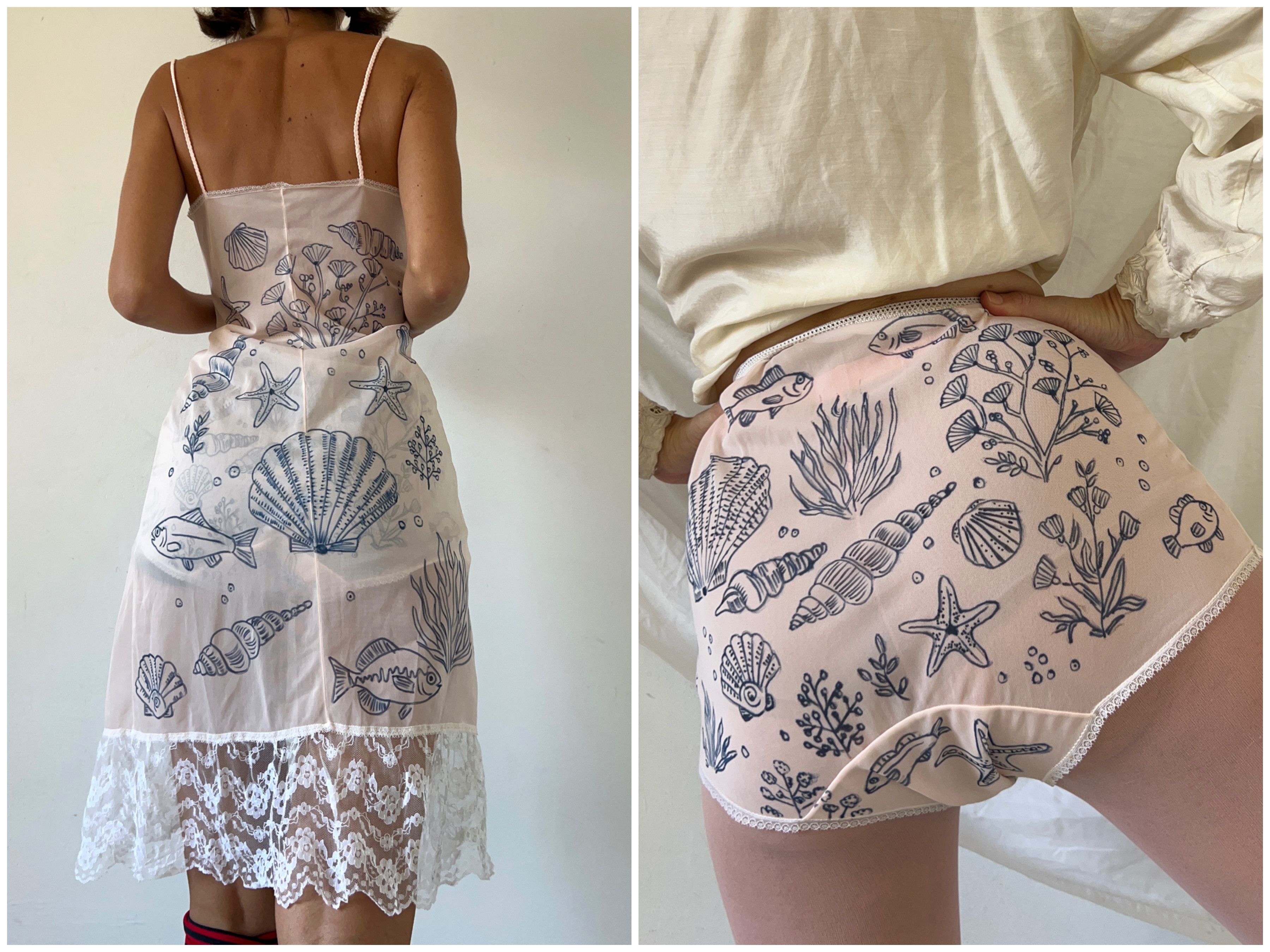 Custommade Hand Painted Seashell Fish Nightgown Size XL / US 12-14 / IT 48-50 - 3 Thumbnail