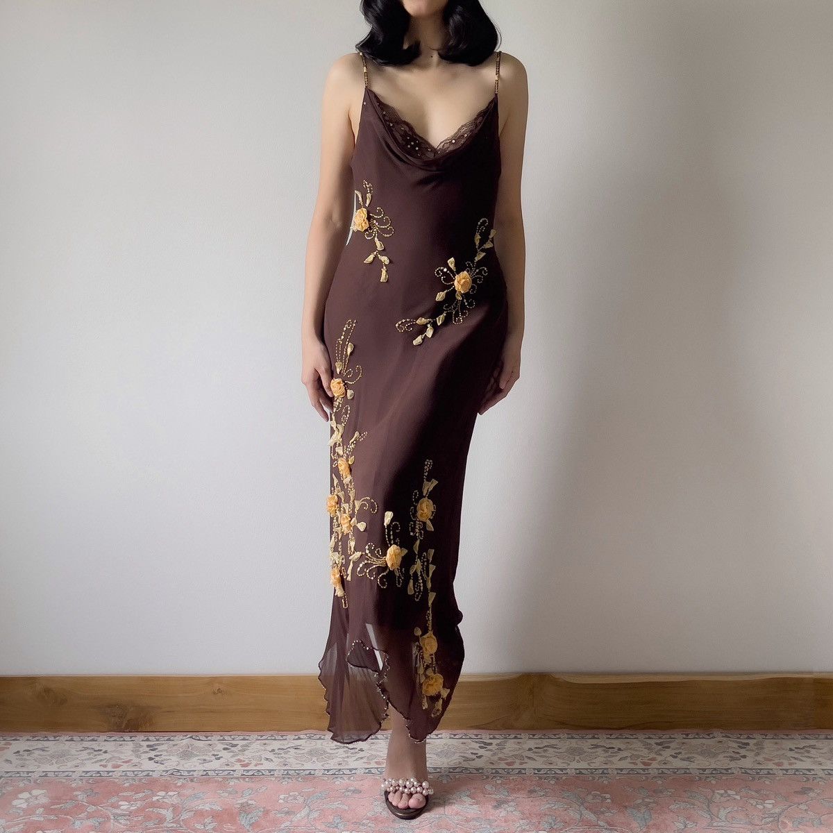 Other Vintage 1990s Silk Chiffon Brown Evening Gown (S–M) Size M / US 6-8 / IT 42-44 - 3 Thumbnail