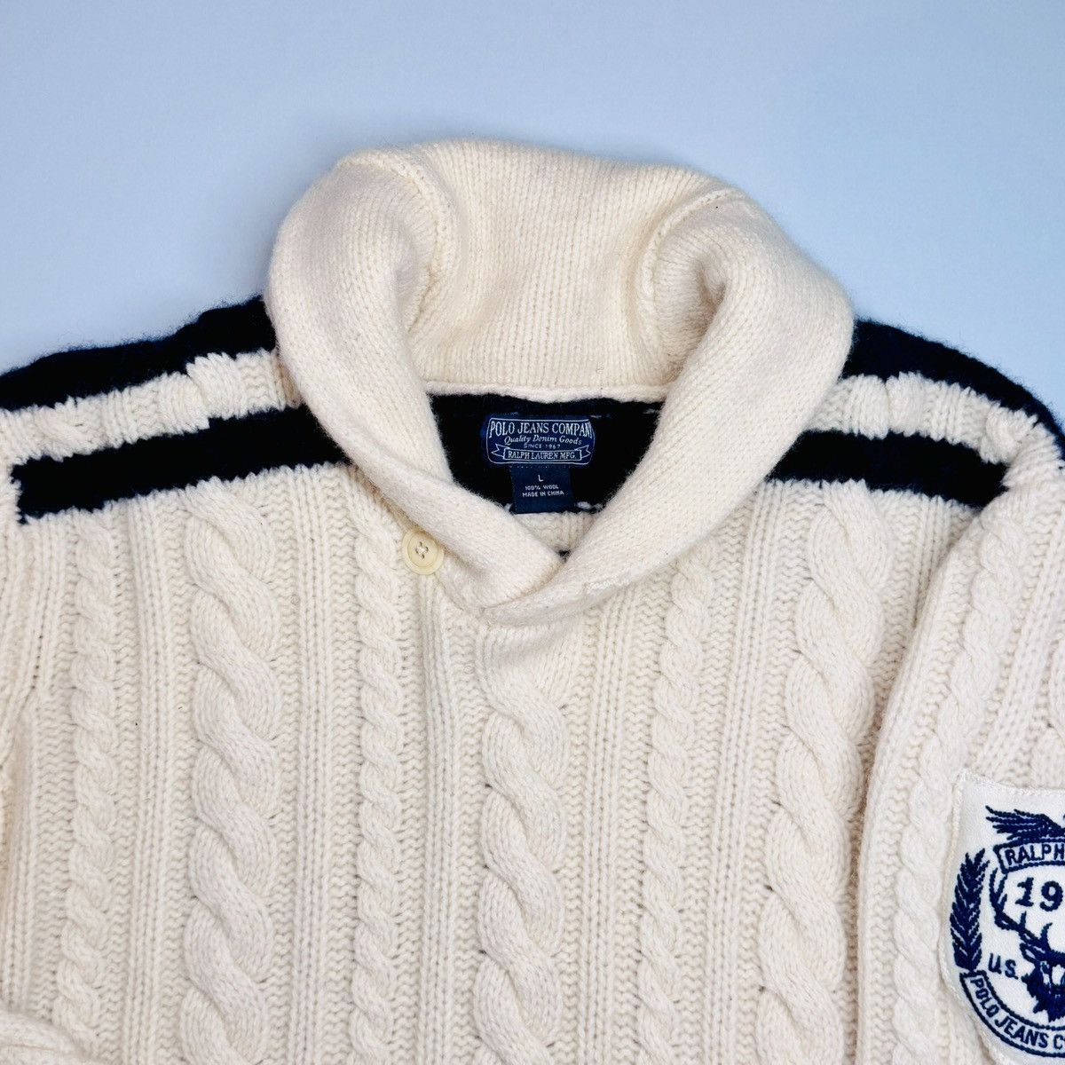 Ralph Lauren 90s Polo Jeans Company by Ralph Lauren 100% Wool Shawl Cable Size L / US 10 / IT 46 - 3 Thumbnail