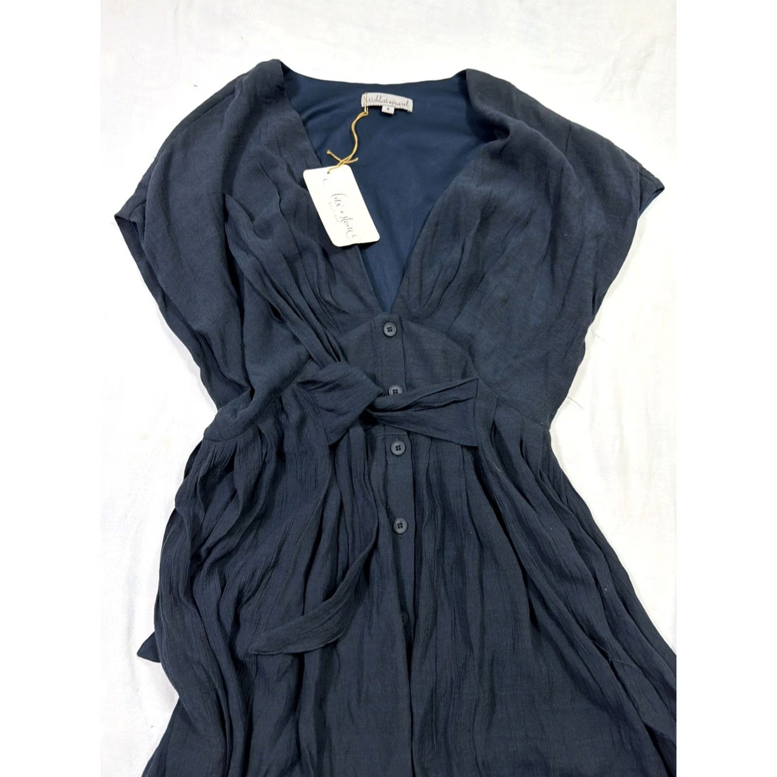Vintage Wishlist Dress Navy Blue Women’s Short Sleeve Tie Front Polyester Knee Length Fit & Flare S Size 28" / US 6 / IT 42 - 7 Thumbnail