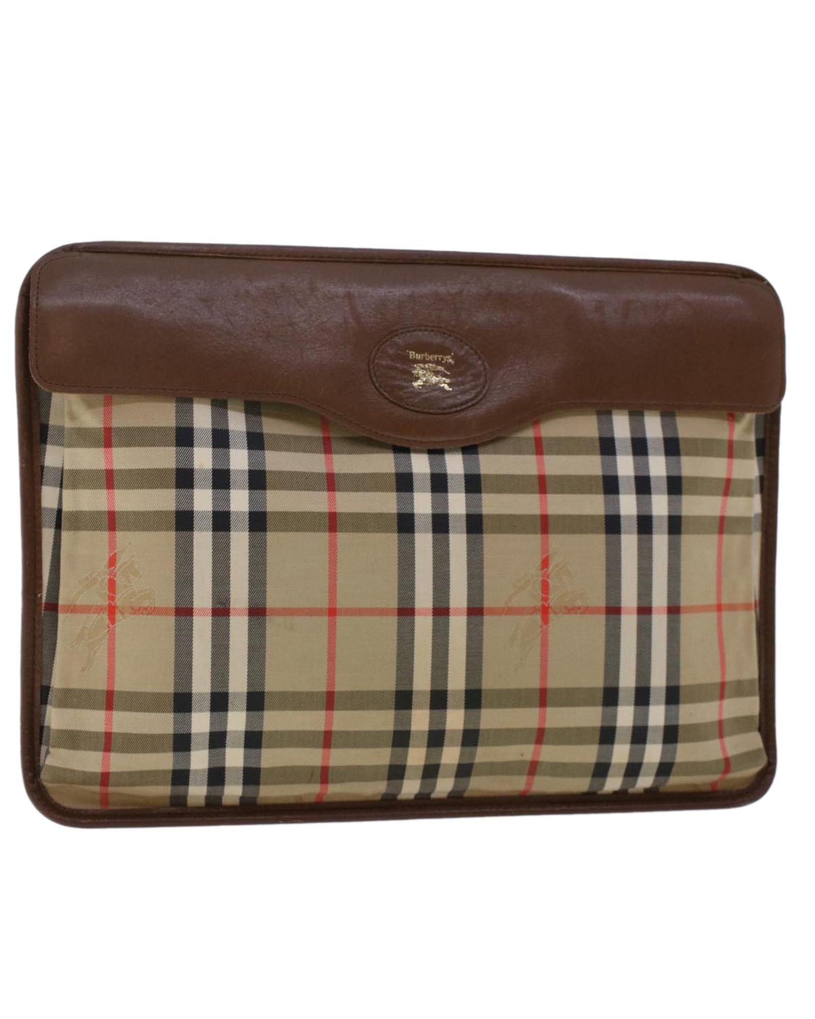 image of Burberry Beige Nylon Leather Clutch Bag With Nova Check Pattern, Women's