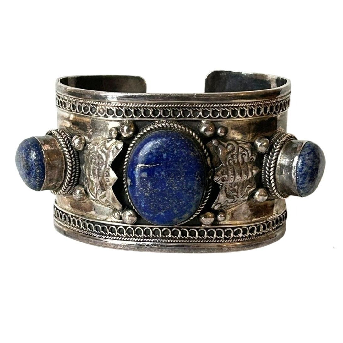 Vintage Vintage Sterling Silver & Lapis Lazuli Bracelet – 1970s 96g Size ONE SIZE - 1 Thumbnail