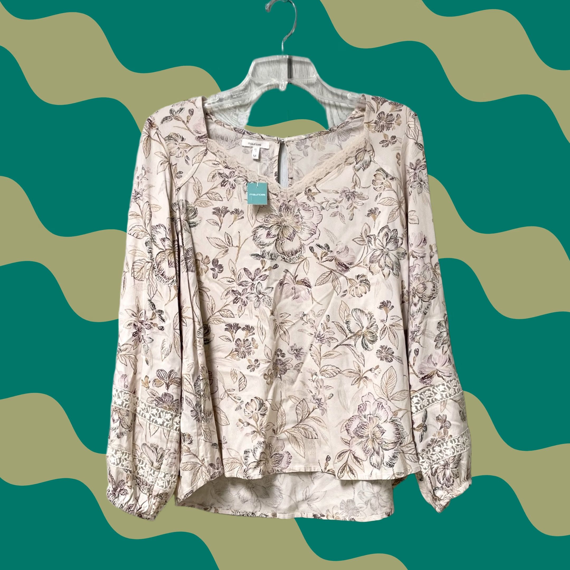 Vintage Maurices Blouse Beige Floral Lace Trim V-Neck Long Sleeve Peasant Top M Women Shirt Bohemian Garden Casual/Workwear Womens Size M / US 6-8 / IT 42-44 - 1 Thumbnail
