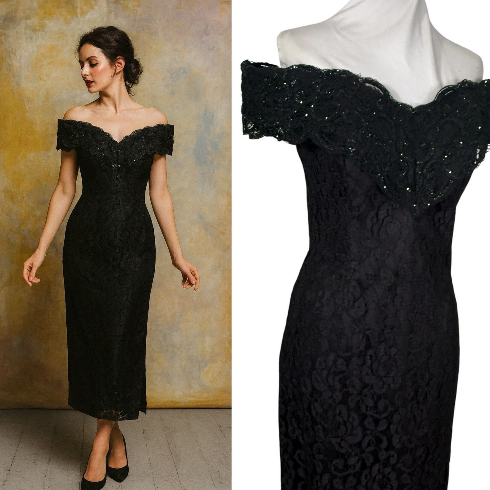 Vintage Vintage 1980s Black Lace Bari-Jay Midi l Dress Formal 4 Size S / US 4 / IT 40 - 1 Thumbnail