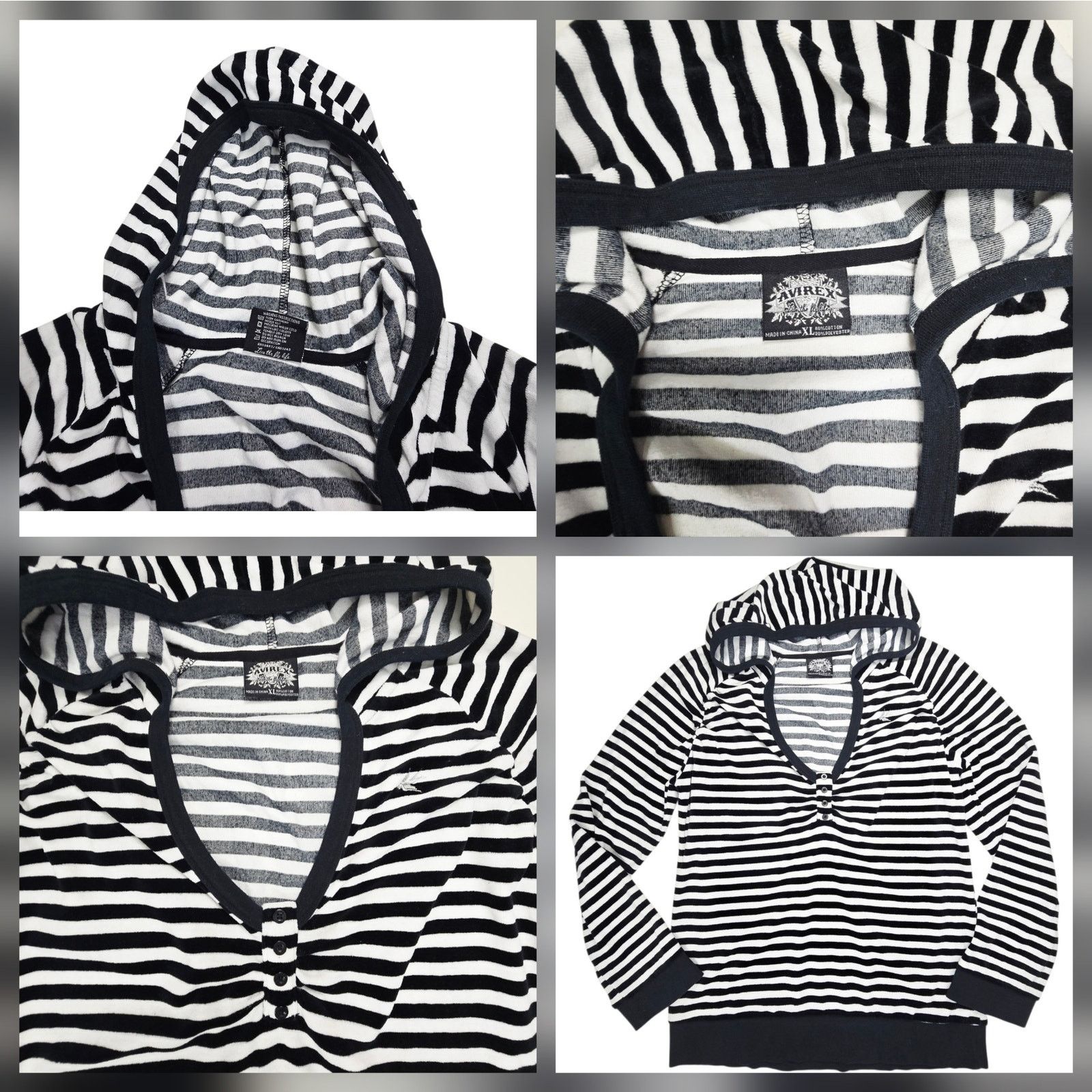 Avirex Avirex Womens XL Black White Striped Hooded Sweater Shirt Size XL / US 12-14 / IT 48-50 - 3 Thumbnail