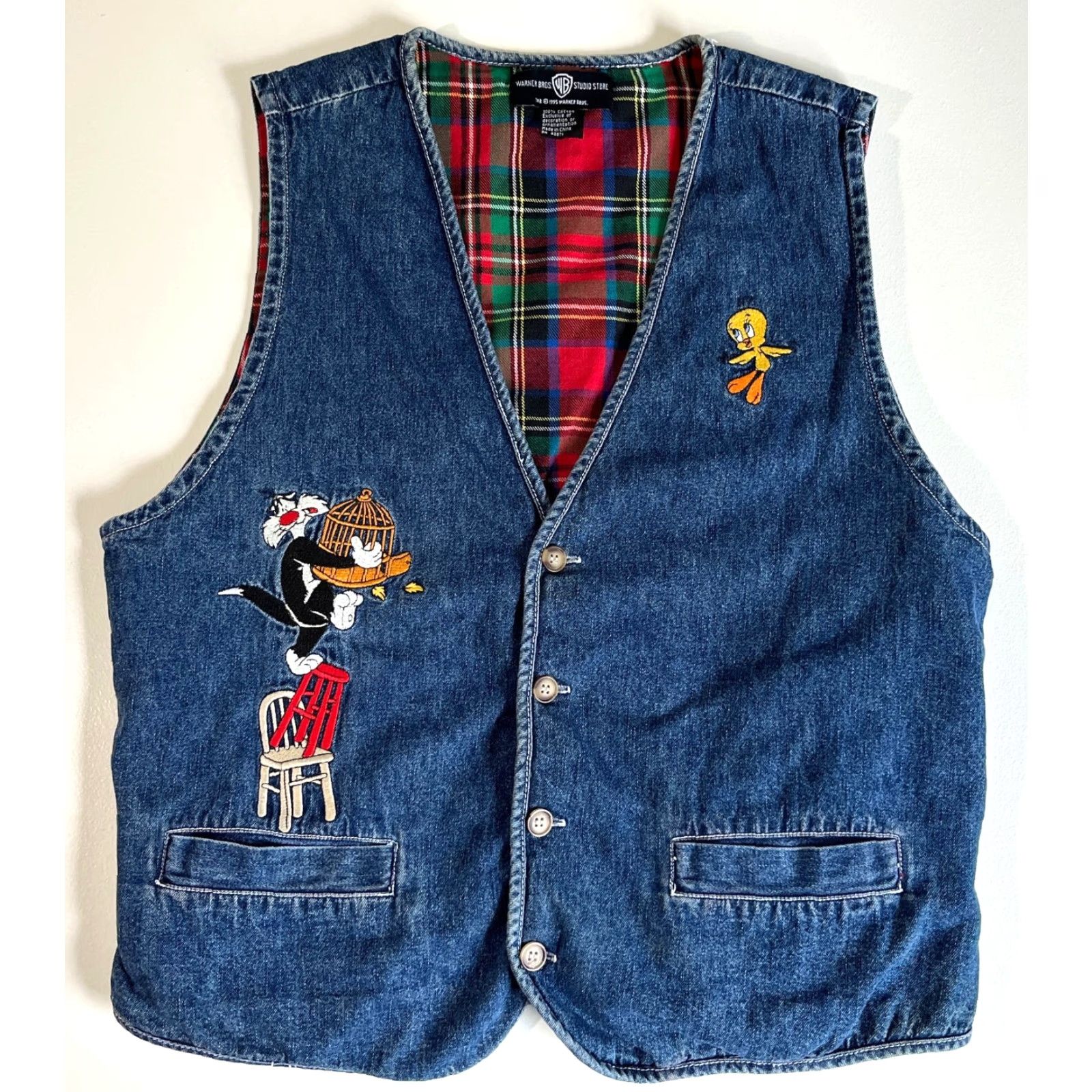 Vintage VINTAGE Women's Denim Vest Warner Bros. Sylvester and Tweety 90s Embroidered Button Front Lined Pockets Blue Cotton M Size M / US 6-8 / IT 42-44 - 3 Thumbnail
