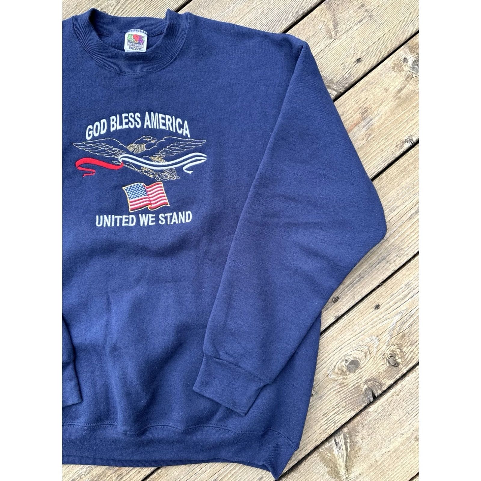 Fruit Of The Loom VINTAGE God Bless America Embroidered Sweatshirt Fruit of the Loom 90s Navy XL Mens Size US XL / EU 56 / 4 - 3 Thumbnail