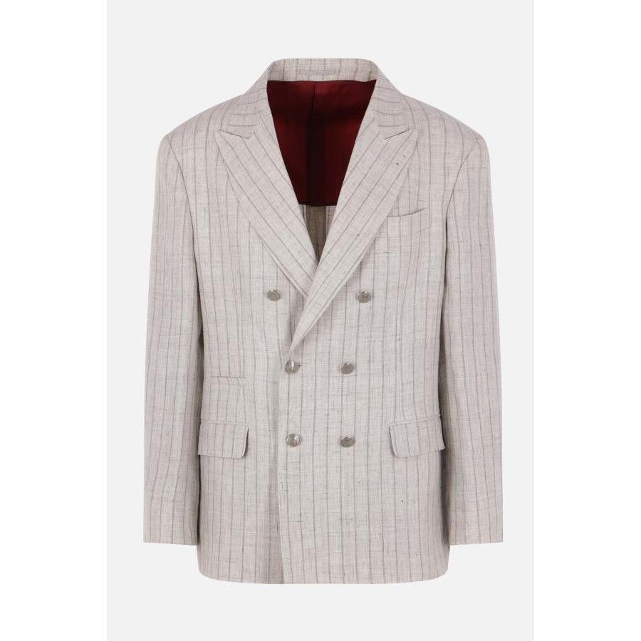 Brunello Cucinelli BRUNELLO CUCINELLI Pinstriped Linen Grey Double Breasted Jac Size US XL / EU 56 / 4 - 1 Thumbnail