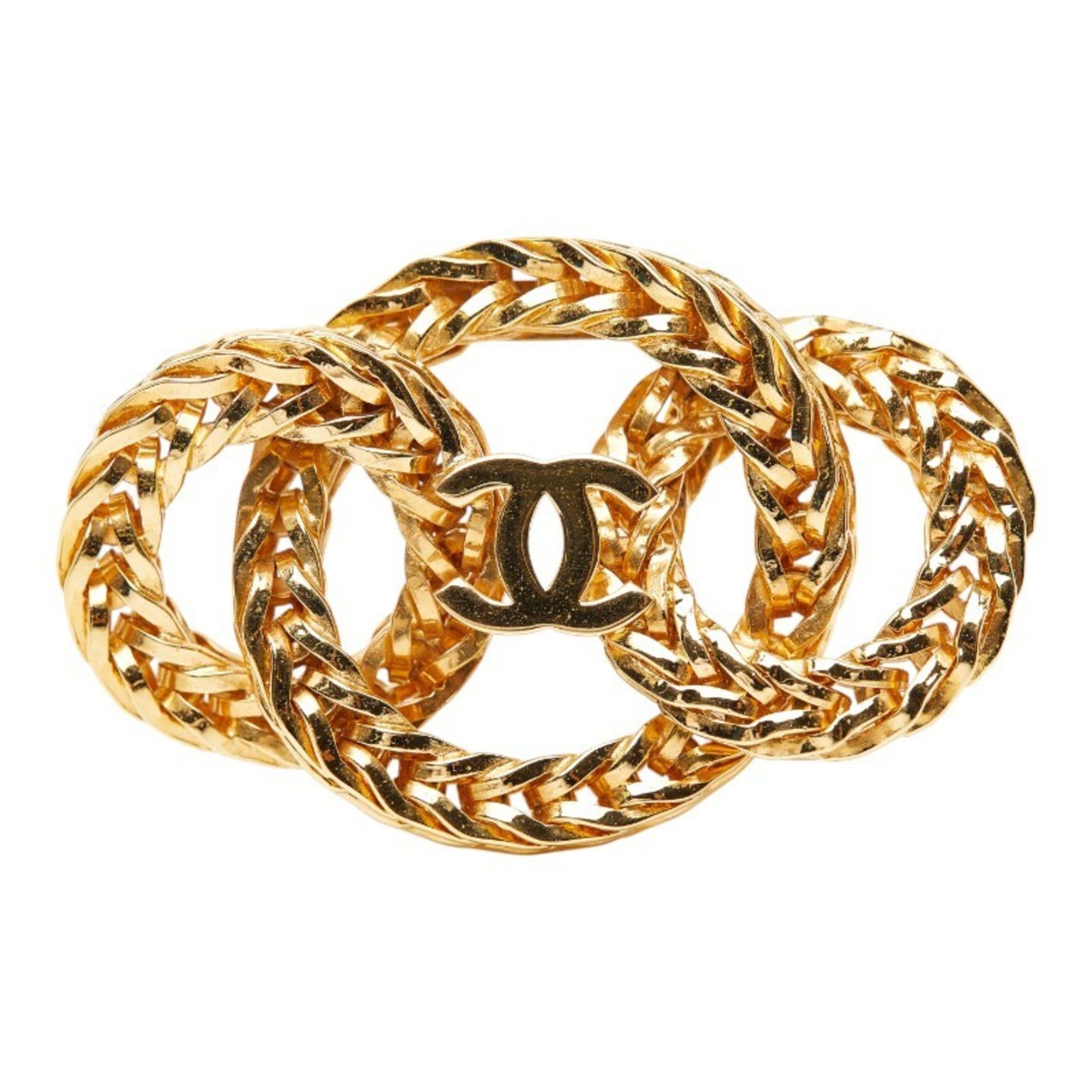 CHANEL Triple Circle Coco Mark Chain Brooch Gold Plated Women's
