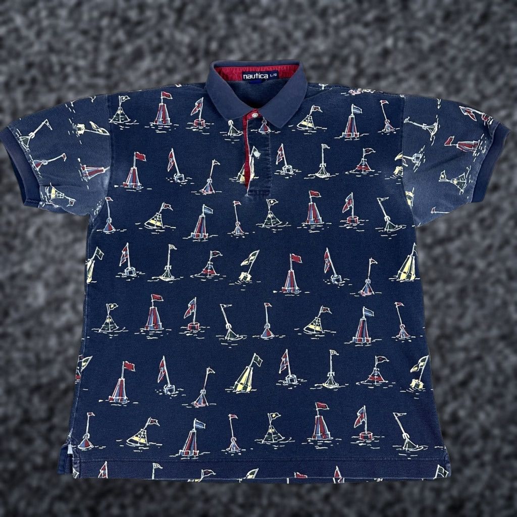 Nautica VINTAGE Nautica Polo Shirt Mens Large Sailboat Print Short Sleeve 90s Hong Kong Navy Collar 100% Cotton Graphic Print Passes Size US L / EU 52-54 / 3 - 1 Thumbnail
