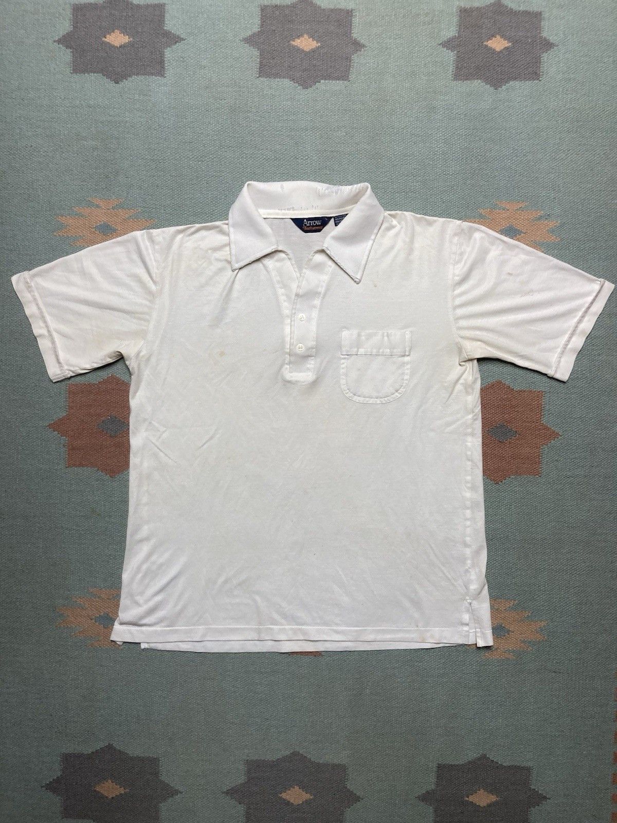 Vintage Vintage 70s polo shirt arrow white stained distressed large Size US L / EU 52-54 / 3 - 1 Thumbnail