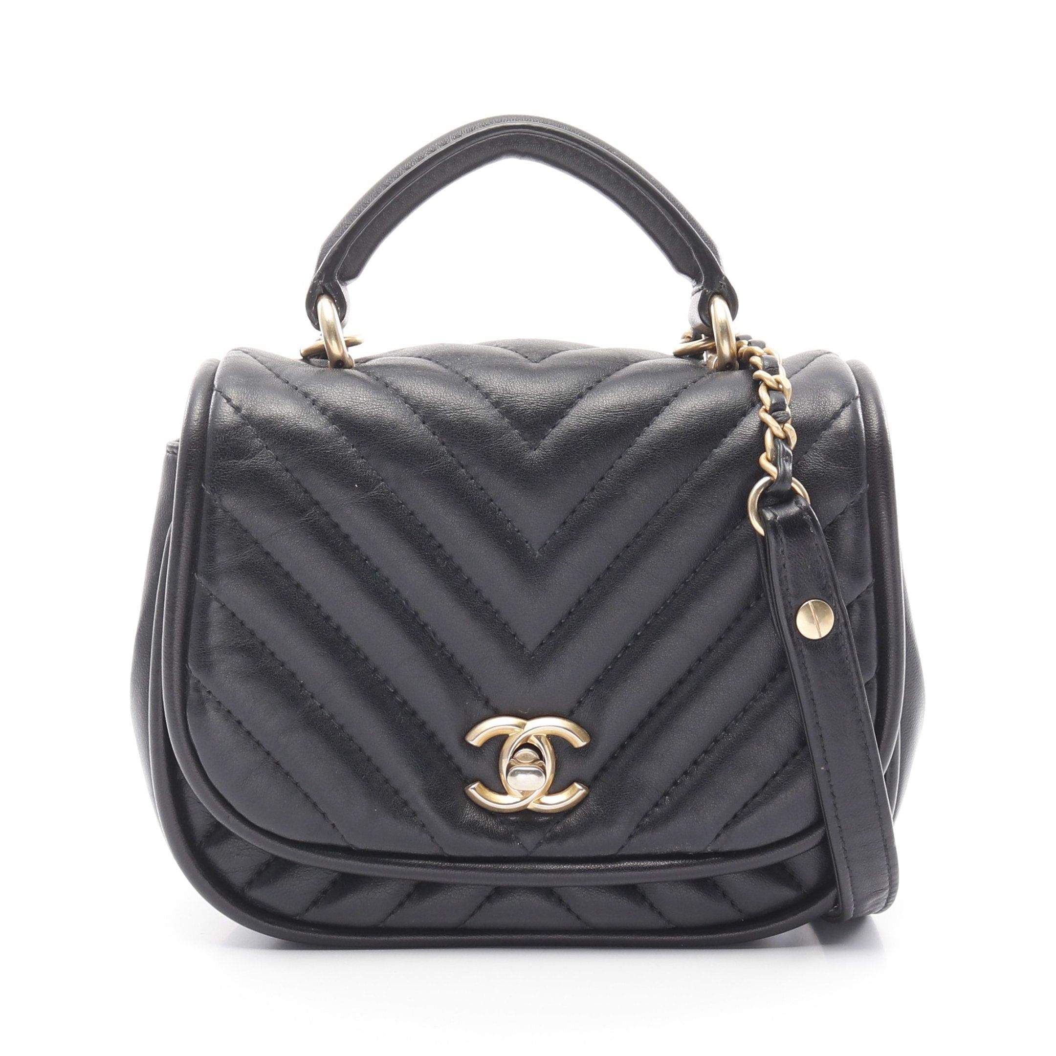 Chanel Chevron V-Stitch Chain Shoulder Bag Lambskin Black Gold Hardware