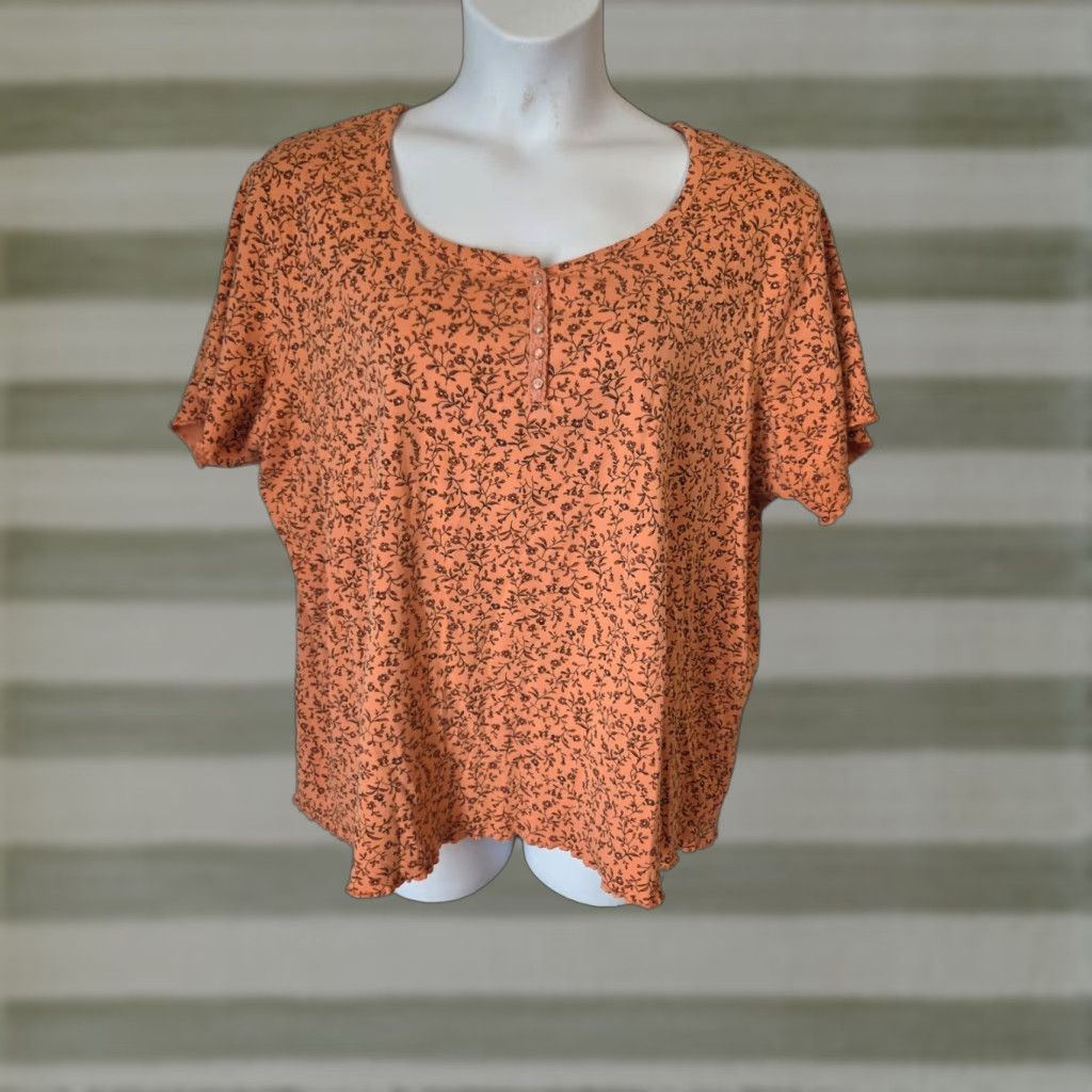 Vintage VINTAGE Fashion Bug Shirt Adults 26/28 Orange Floral Short Sleeve Casual Ruffle Trim Size 4XL / US 24-26 - 1 Thumbnail