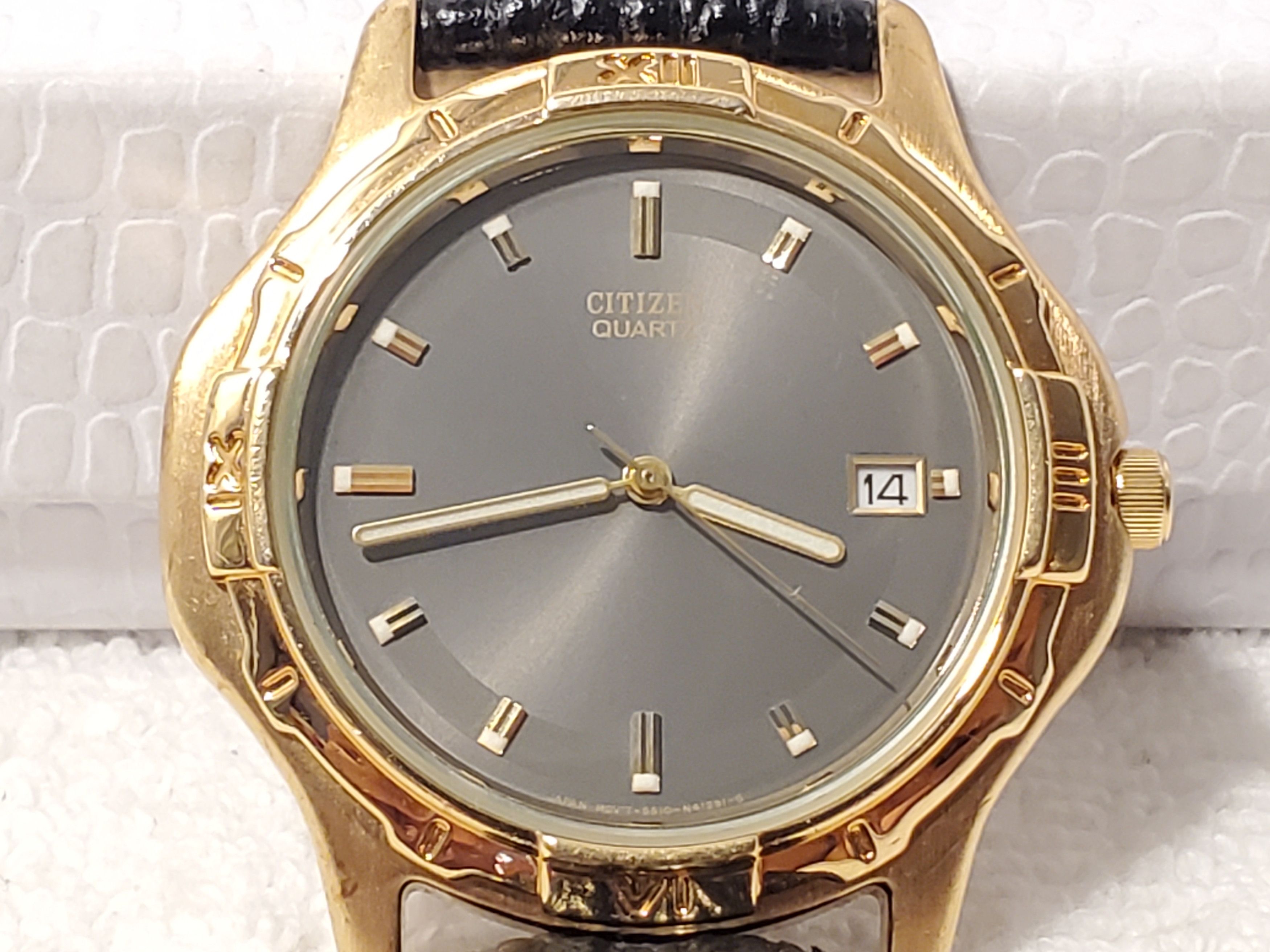 Citizen Vintage Citizen Men's Black Dial Date Watch Leather Strap SS Size 36 - 1 Thumbnail