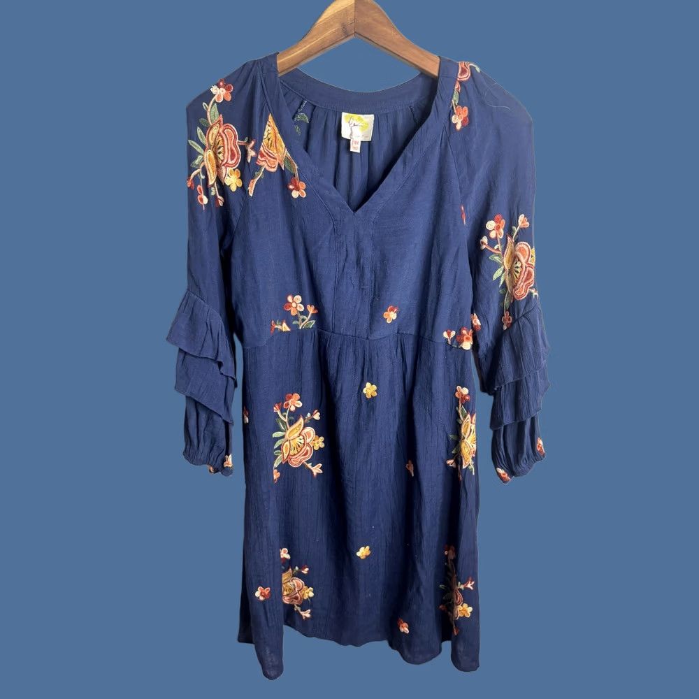 Vintage FIG AND FLOWER Dress Womens PM Blue Embroidered Floral Boho Fit & Flare Mini Size M / US 6-8 / IT 42-44 - 1 Thumbnail