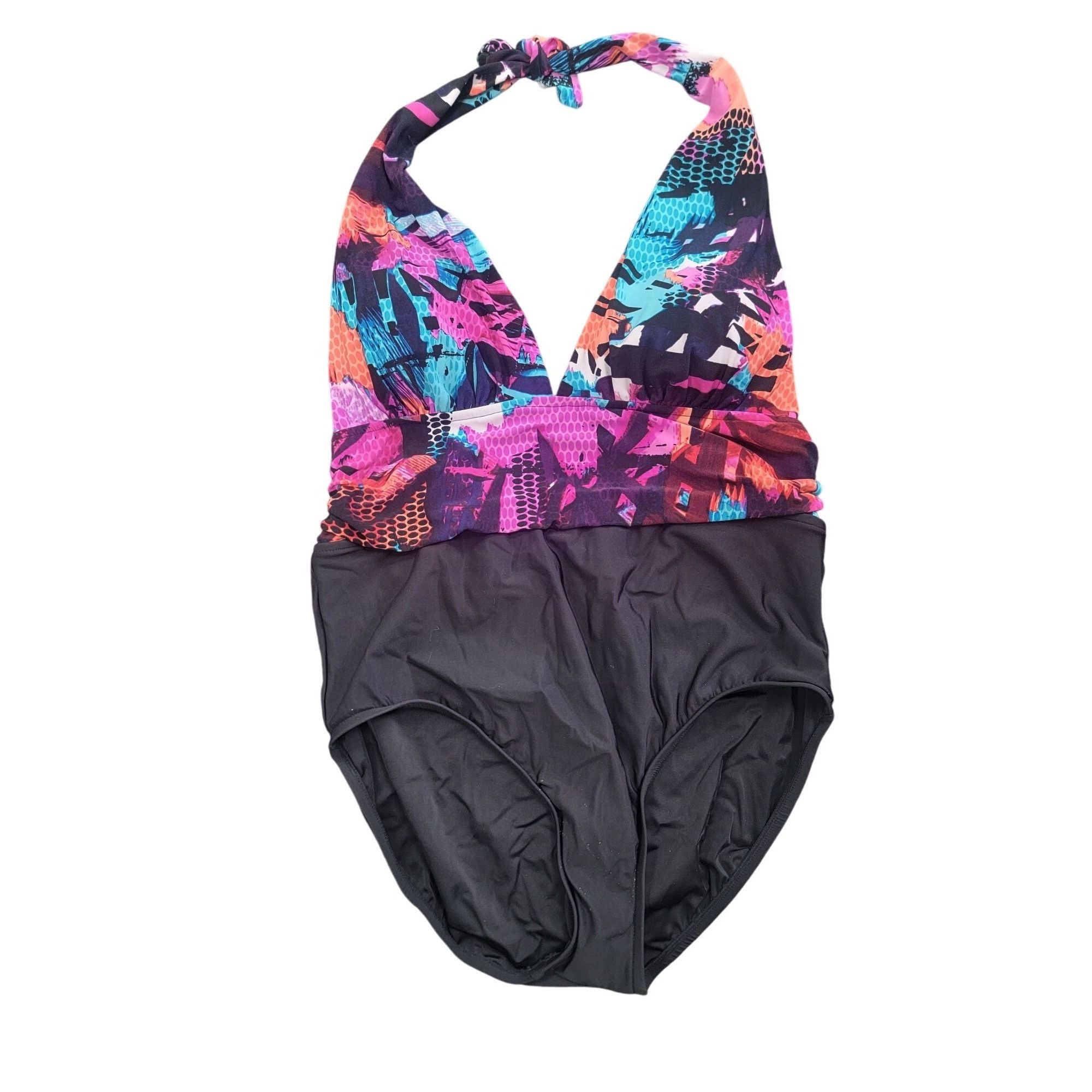 Other Aqua Green Womens Halter One-Piece Swimsuit With Black & Mul Size XL / US 12-14 / IT 48-50 - 2 Thumbnail
