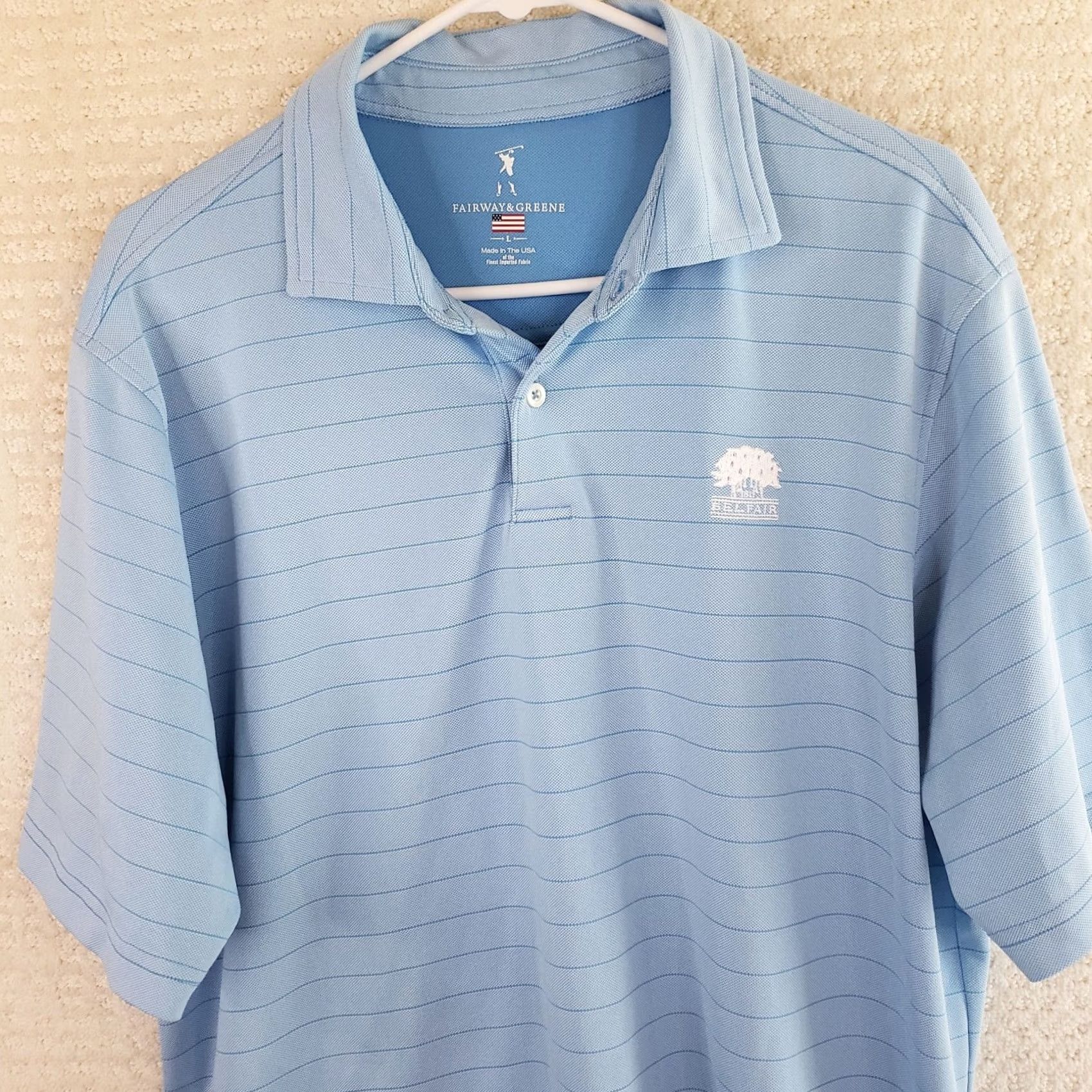 Vintage Fairway & Greene Polo Shirt Mens L Blue Stripe Belfair Logo Golf Performance Top Size US L / EU 52-54 / 3 - 3 Thumbnail