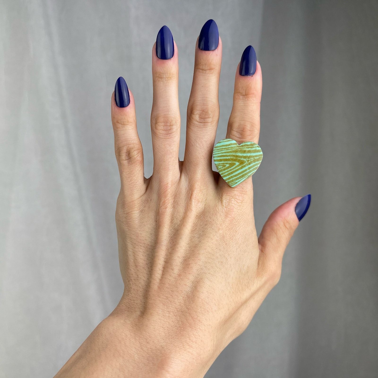 Handmade Steppie Co. Wooden Heart Adjustable Ring Mint Green Striped Size ONE SIZE - 2 Thumbnail