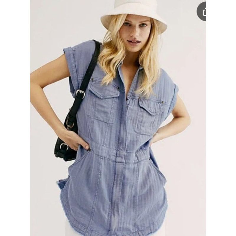Free People We the Free Just Say When Blue Linen Blend Tunic Top, XS Size XS / US 0-2 / IT 36-38 - 1 Thumbnail