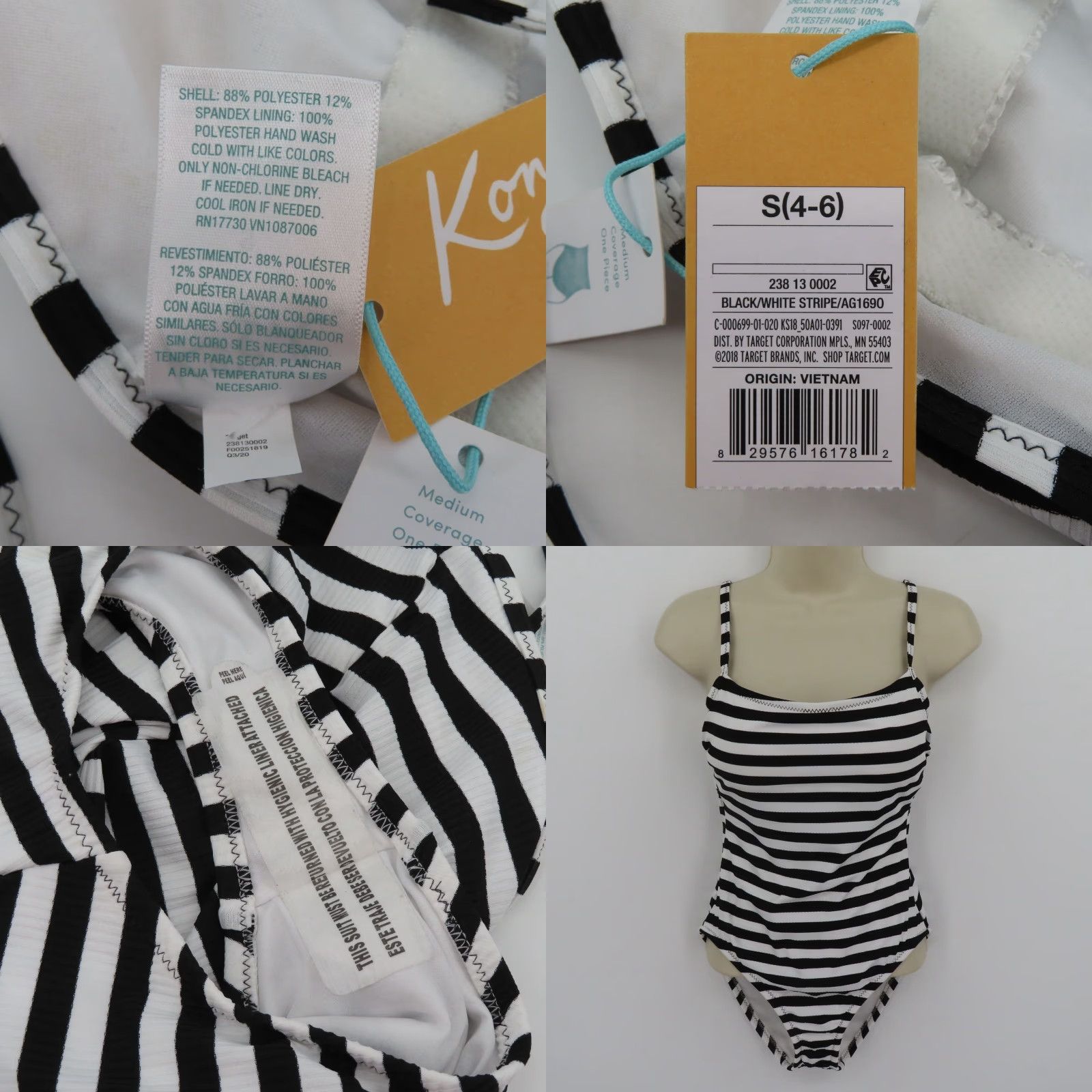Vintage Kona Sol One Piece Women S Striped Black White Spaghetti Strap New Swimsuit Medium Coverage Size ONE SIZE - 8 Thumbnail