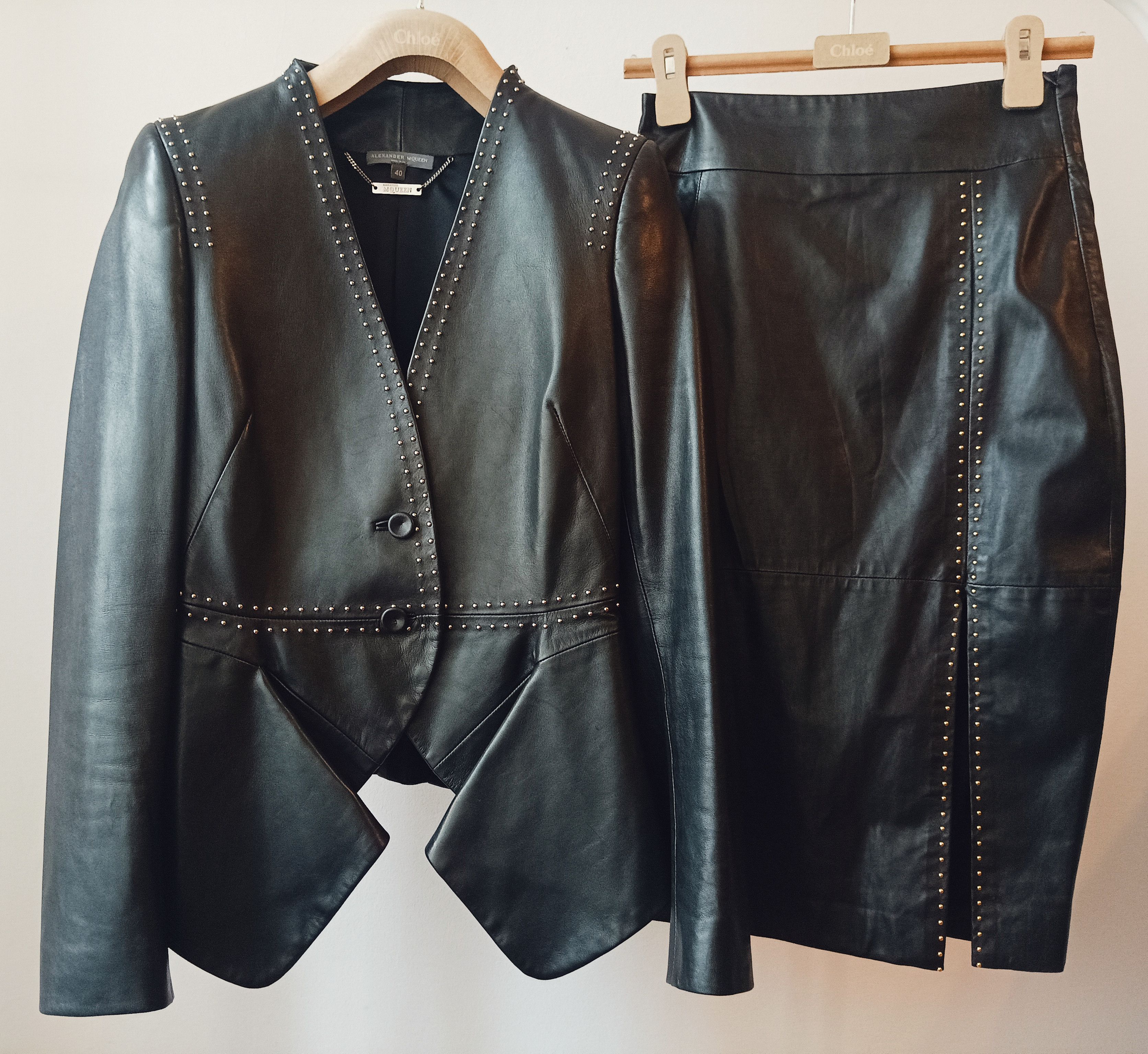 image of Alexander Mcqueen Leather Skirt Suit in Black, Women's (Size Small)