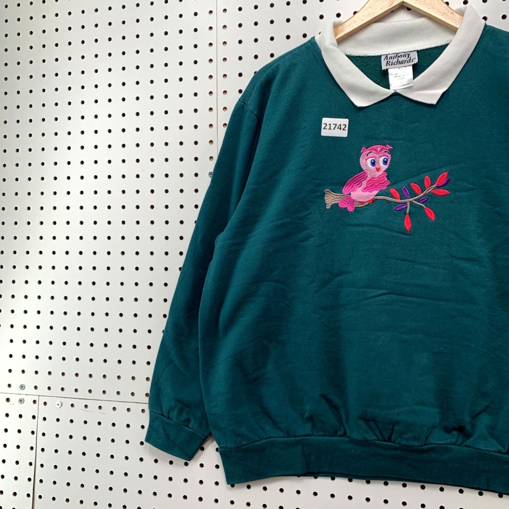 Vintage Anthony Richards Collared Grandma Sweater Green Embroidered Birds Women XL 23x26 Size XL / US 12-14 / IT 48-50 - 3 Thumbnail