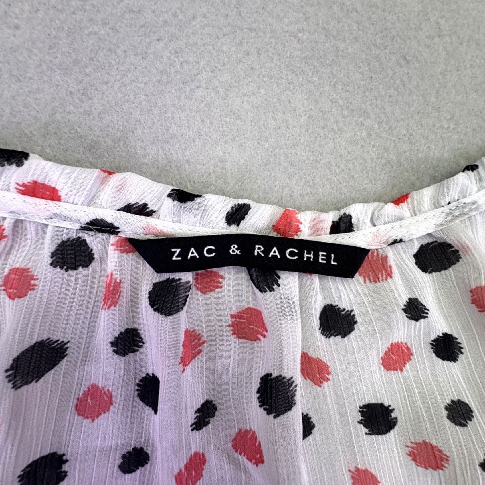 Vintage Zac & Rachel Blouse Women's XL White Red Black Dot Sheer Short Sleeve V-Neck Flutter Sleeve Polka Dot Pleated Breathable Unlined Casual Workwear Size XL / US 12-14 / IT 48-50 - 3 Thumbnail