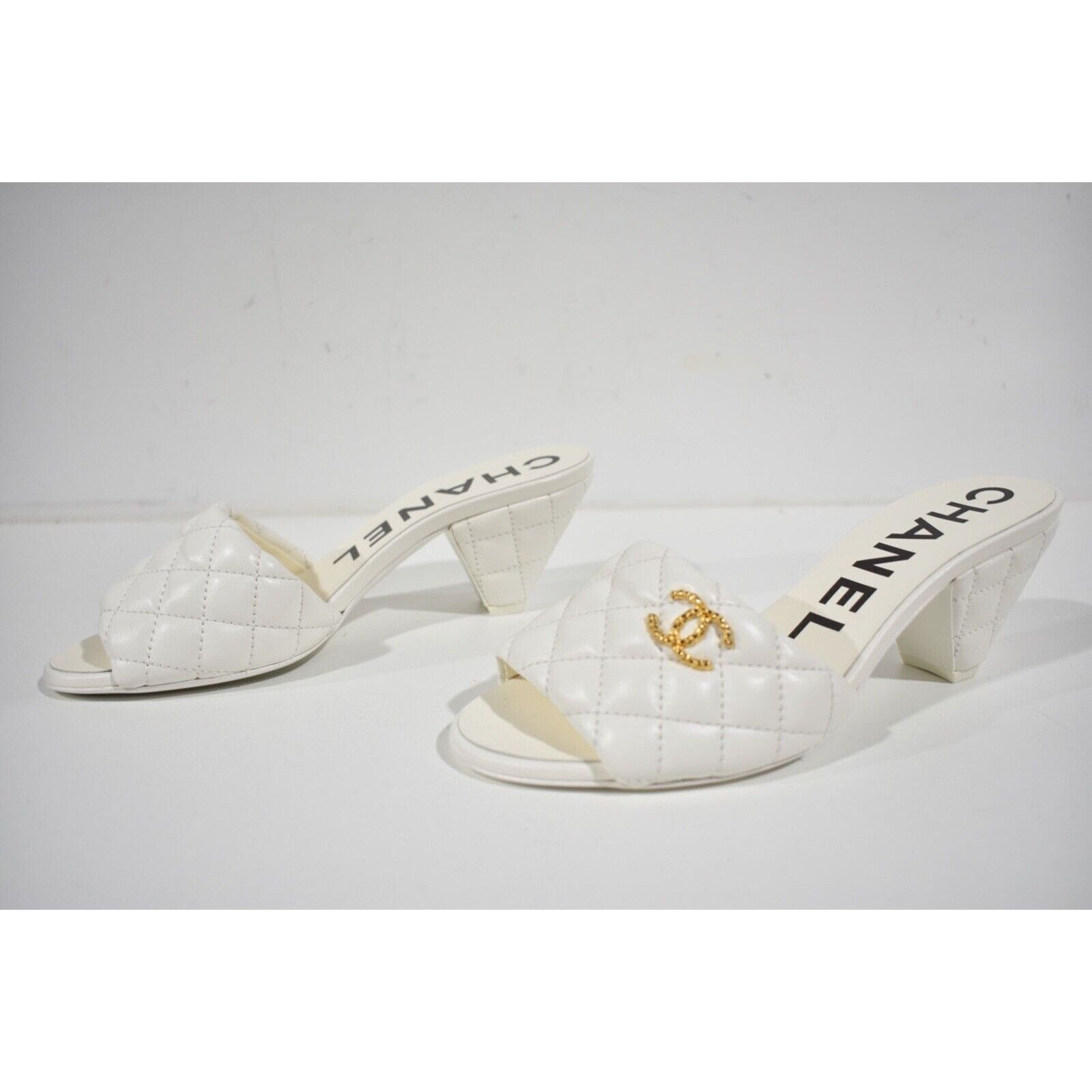Chanel REV Quilted CC Logo Cone Heel Mule Slide Sandal 37.5 Size US 7.5 / IT 37.5 - 10 Thumbnail