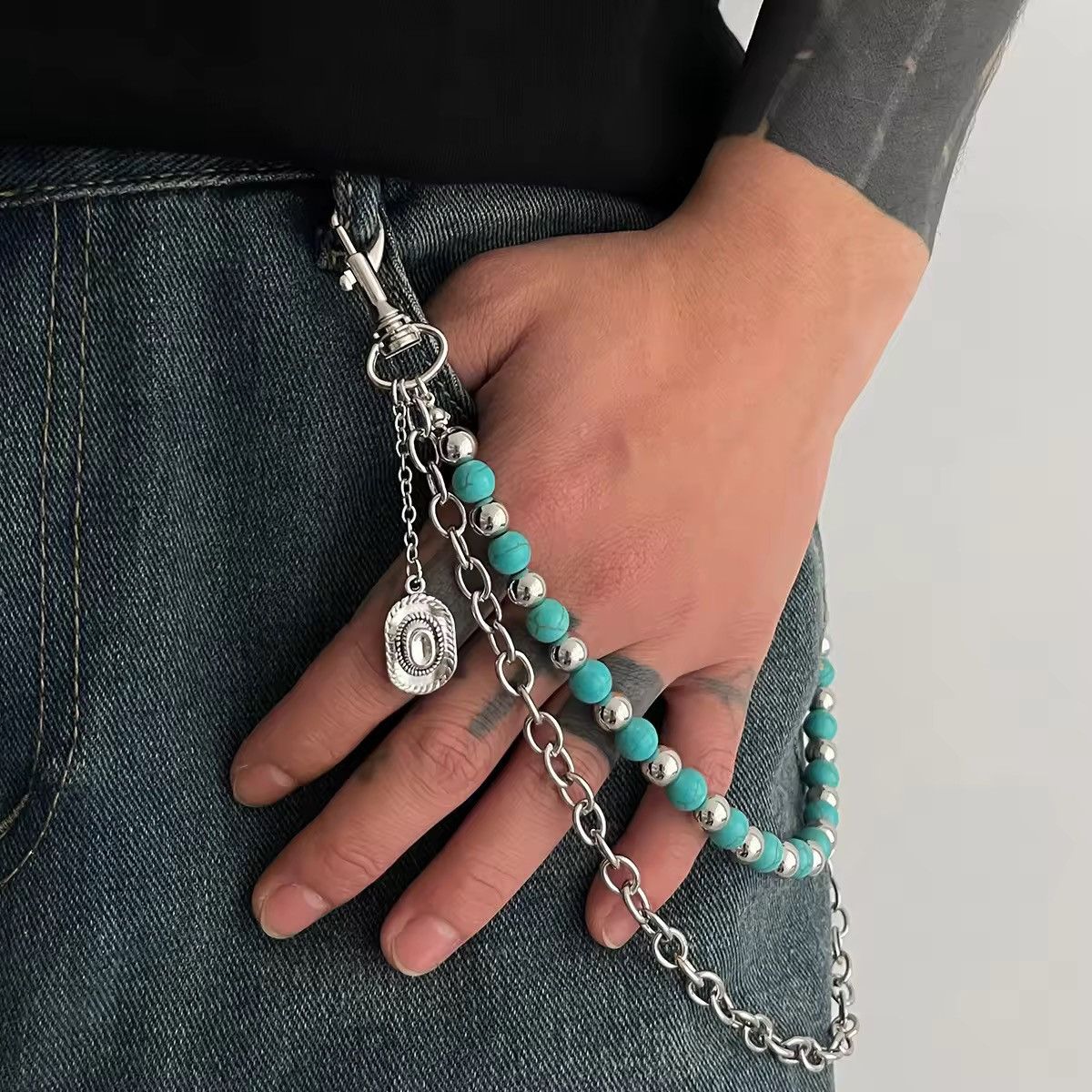 Jewelry Beaded Chain Belt with Silver Accents - Turquoise & Silver | Size ONE SIZE - 1 Thumbnail