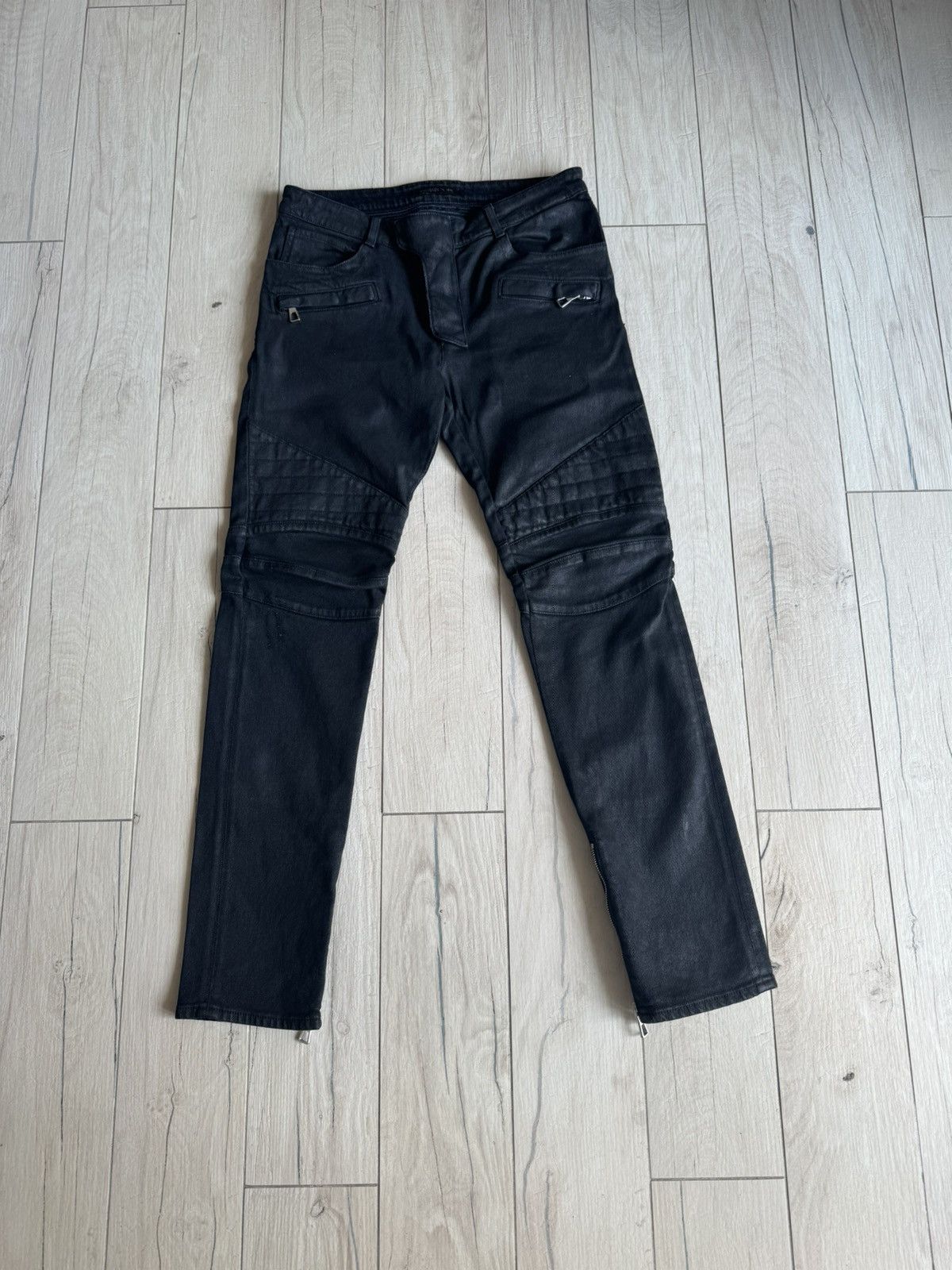 Balmain FW15 Balmain X H&M Waxed Black Denim Distressed Biker 