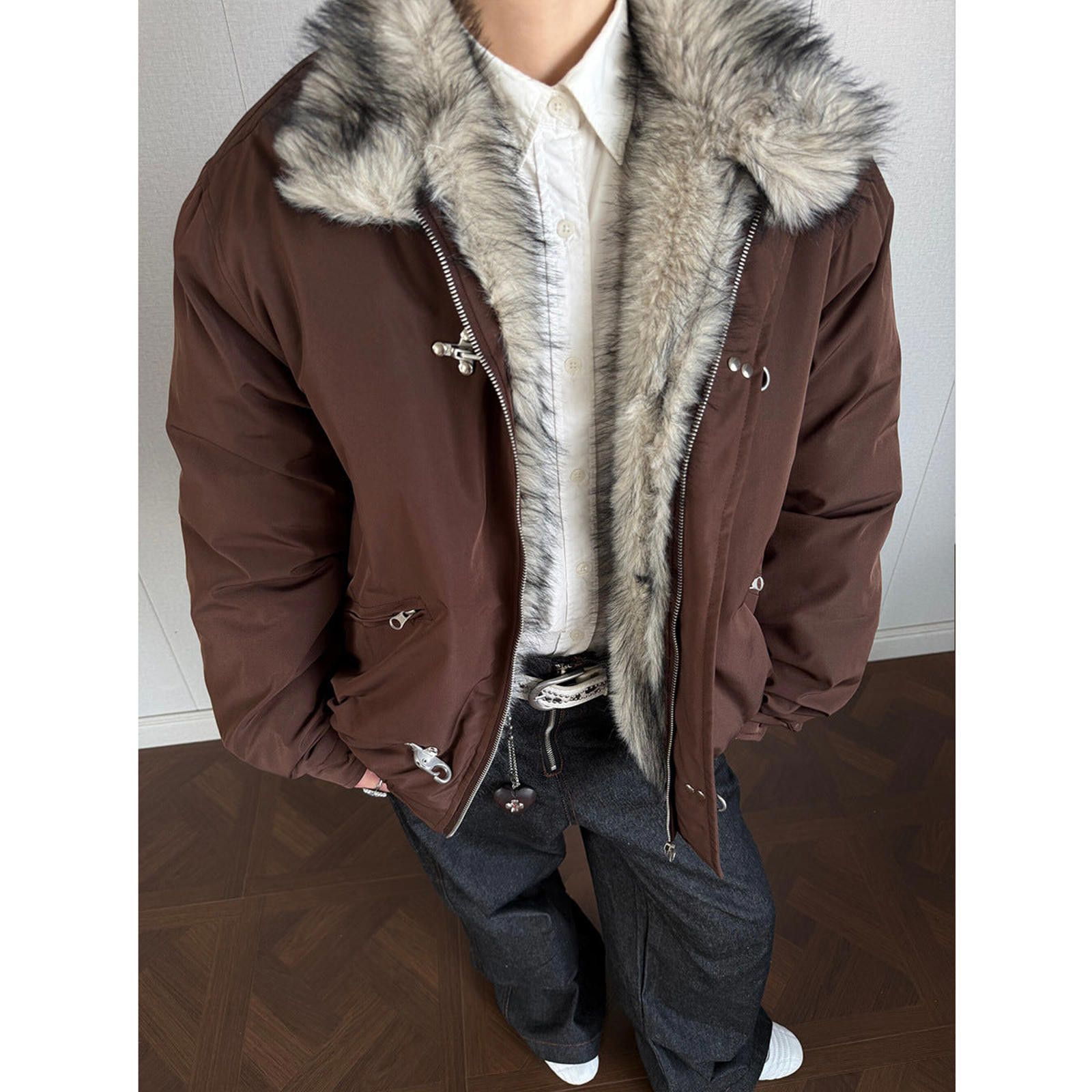 Japanese Brand Brown Faux Fur Lined Bomber Jacket, Warm Winter Coat Size US L / EU 52-54 / 3 - 1 Thumbnail