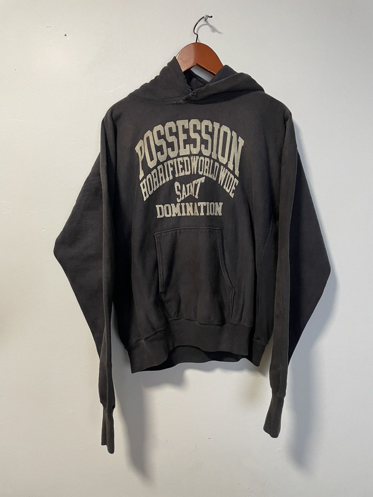 image of Saint Michael Posession Distressed Hoodie in Grey, Men's (Size Large)