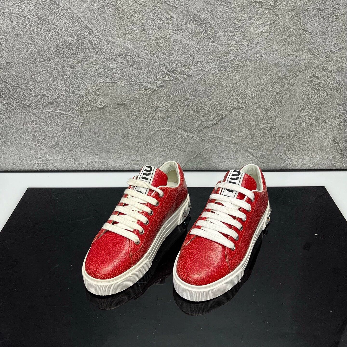 Miu Miu MIUMIU Red Cracked Leather Crystal Sneakers EUR 36 Size US 5 / IT 35 - 1 Thumbnail