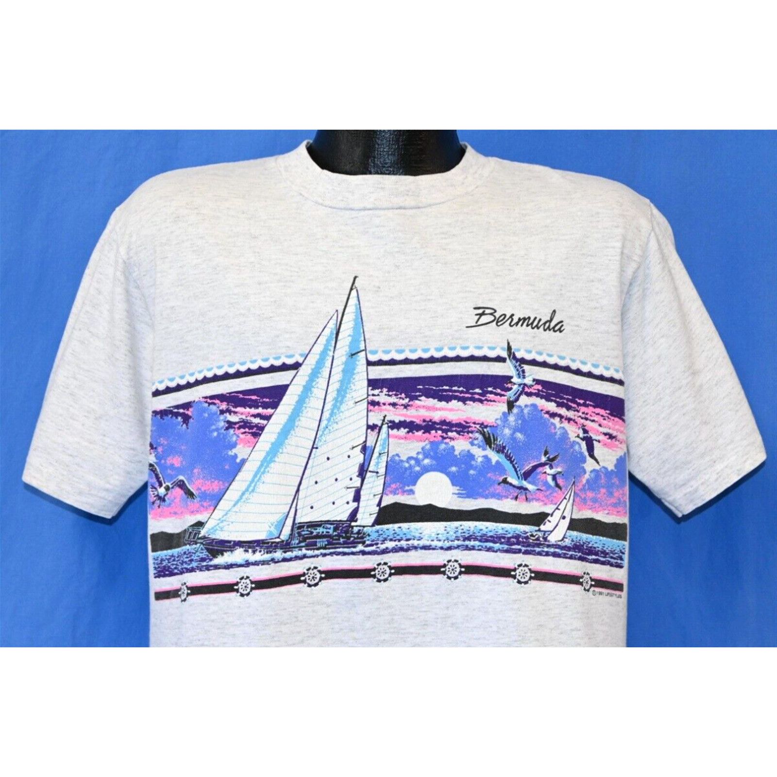 image of Vintage VTG 90's Bermuda Sailboat Ocean Sunset Tourist Vacation Heathered Gray T-Shirt L in White (