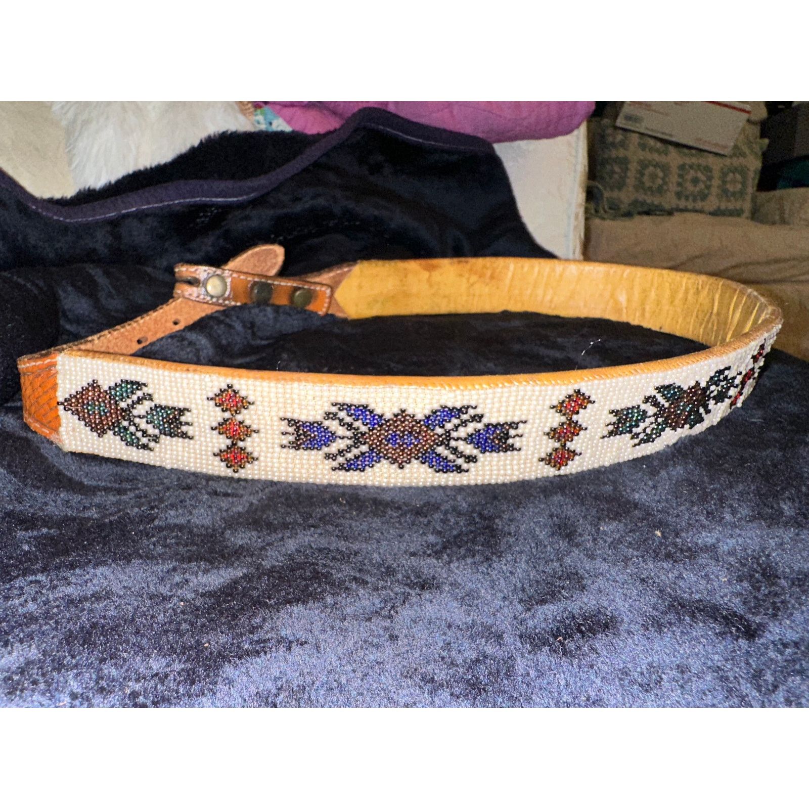 VINTAGE NATIVE TURQUOISE BEADED LEATHER BELT & MATCHING BUCKLE Native American Museum Vintage Zuni Turquoise Inlay Sterling  main image 2
